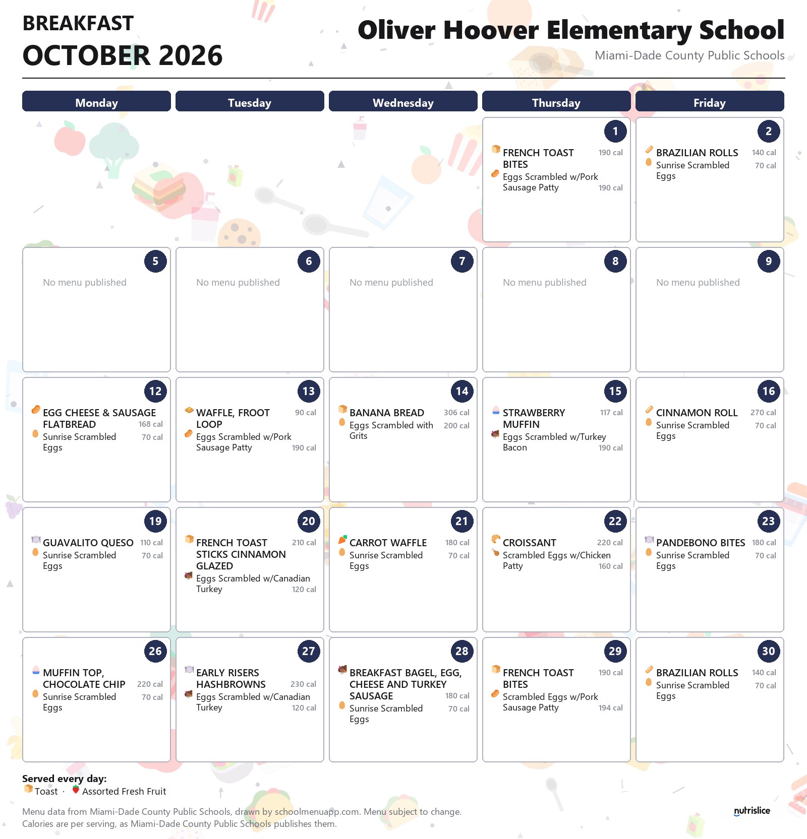 Oliver Hoover Elementary School breakfast menu for October 2026 &mdash; Miami-Dade County Public Schools
