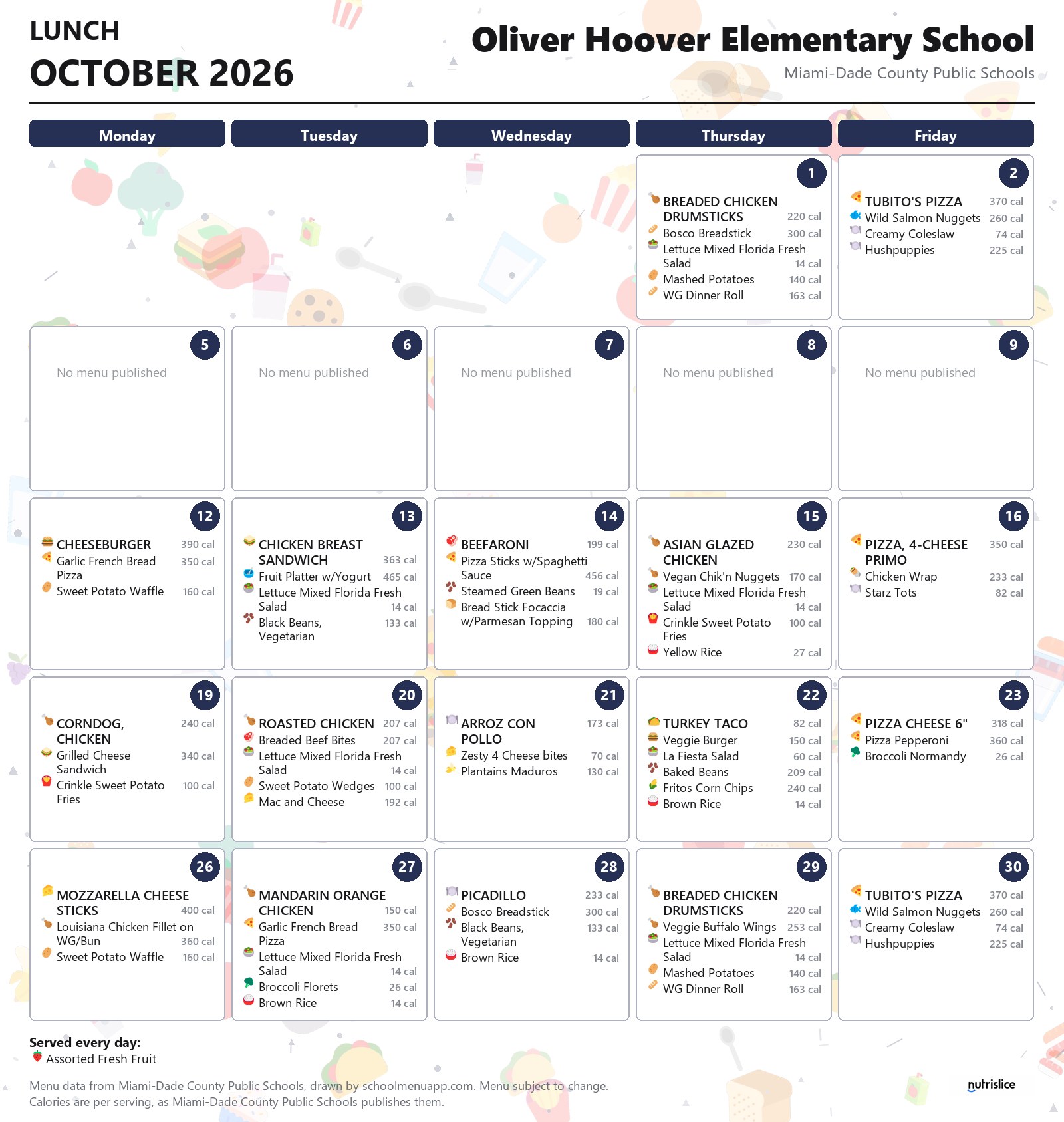 Oliver Hoover Elementary School lunch menu for October 2026 &mdash; Miami-Dade County Public Schools