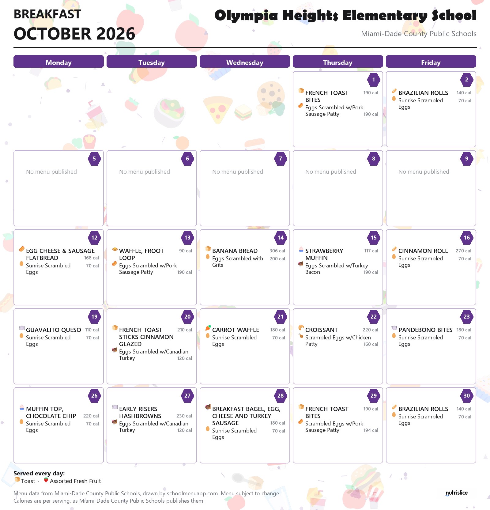 Olympia Heights Elementary School breakfast menu for October 2026 &mdash; Miami-Dade County Public Schools
