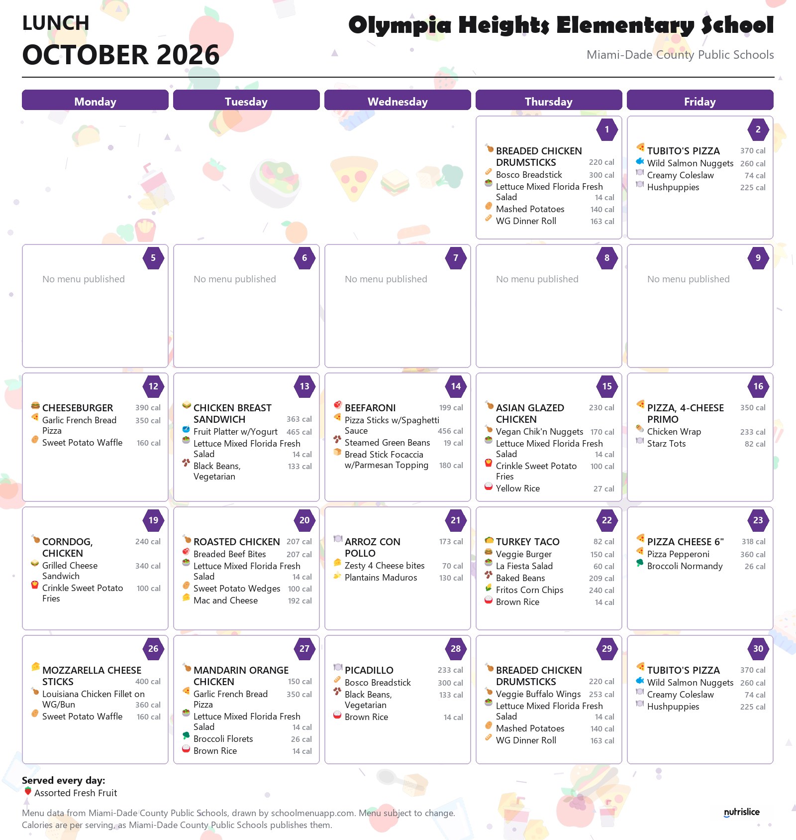 Olympia Heights Elementary School lunch menu for October 2026 &mdash; Miami-Dade County Public Schools