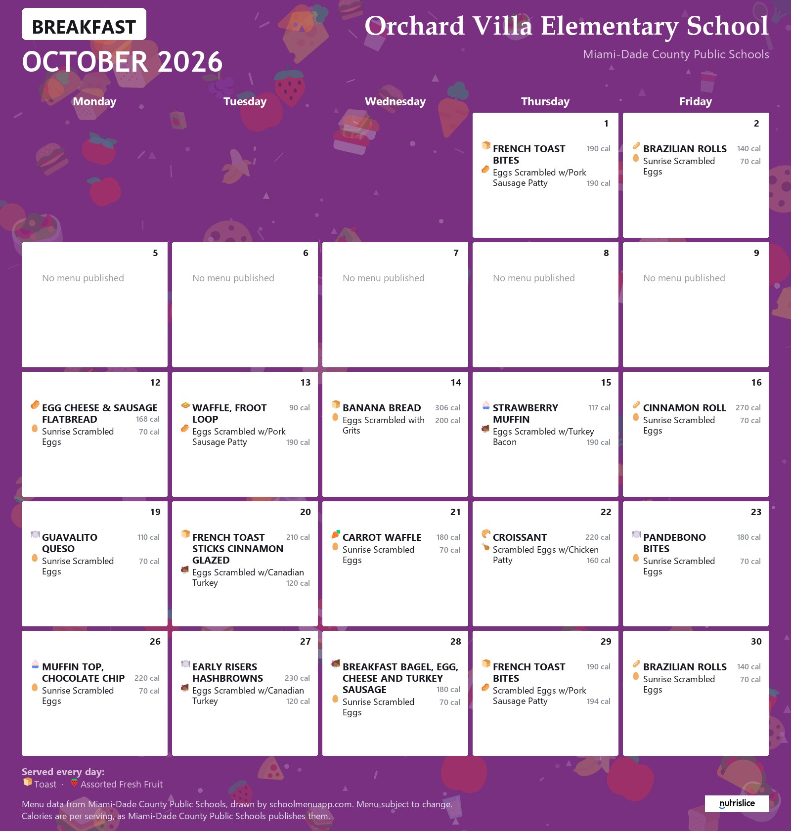 Orchard Villa Elementary School breakfast menu for October 2026 &mdash; Miami-Dade County Public Schools
