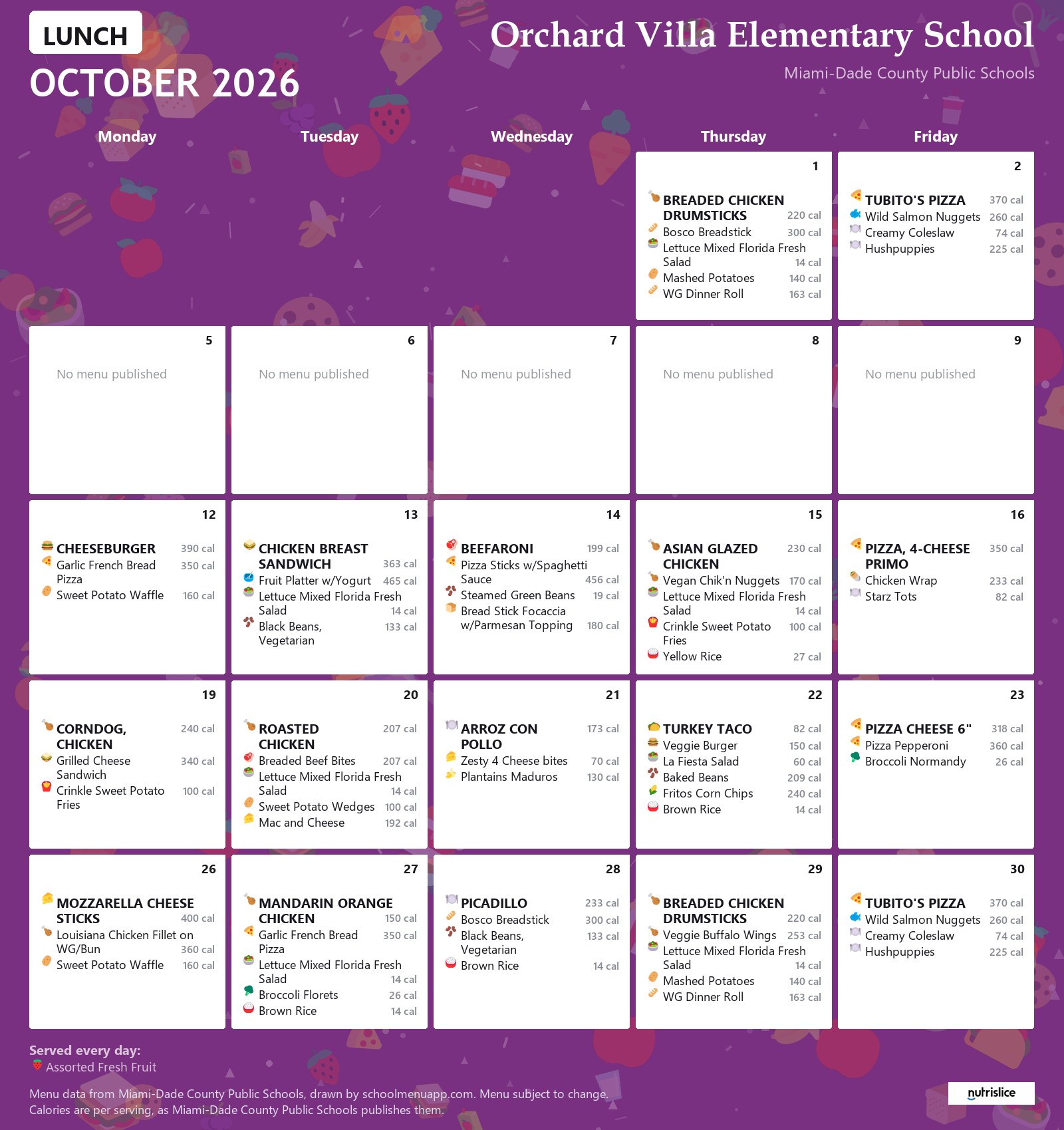 Orchard Villa Elementary School lunch menu for October 2026 &mdash; Miami-Dade County Public Schools
