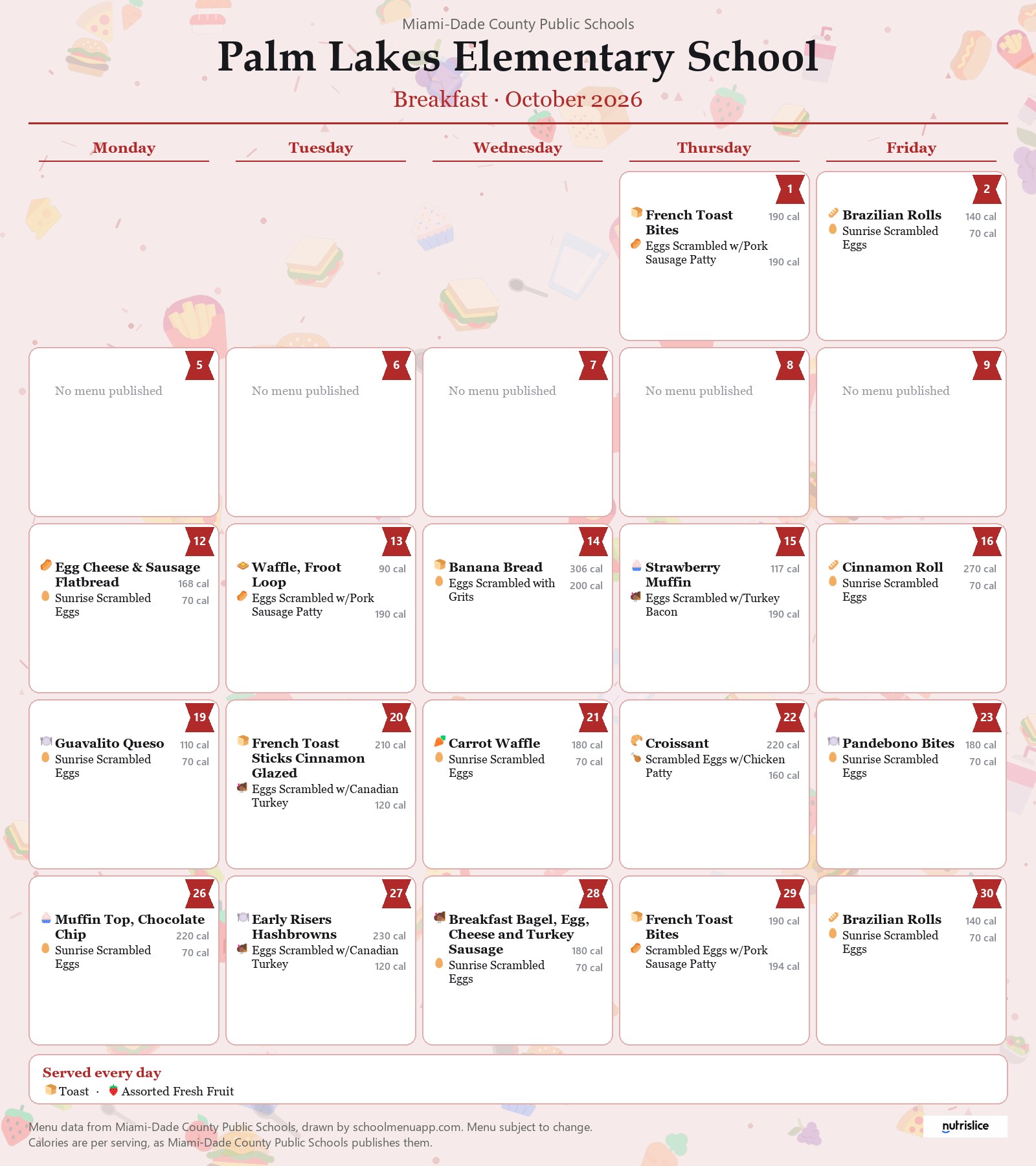 Palm Lakes Elementary School breakfast menu for October 2026 &mdash; Miami-Dade County Public Schools