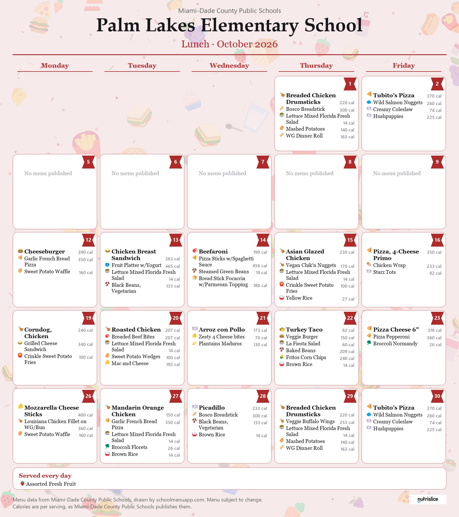 Palm Lakes Elementary School lunch menu for October 2026 &mdash; Miami-Dade County Public Schools