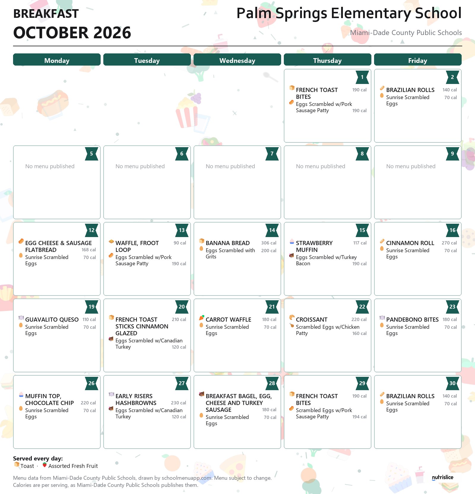 Palm Springs Elementary School breakfast menu for October 2026 &mdash; Miami-Dade County Public Schools