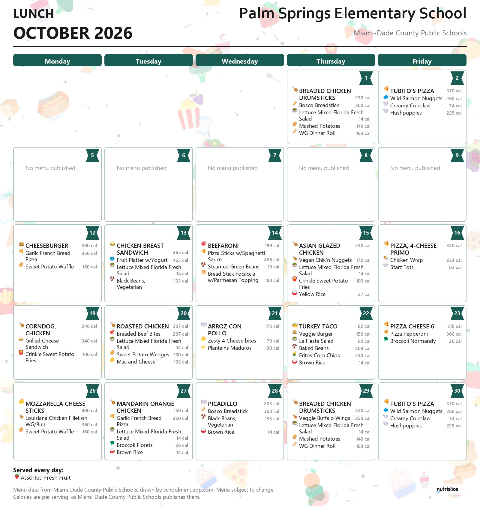 Palm Springs Elementary School lunch menu for October 2026 &mdash; Miami-Dade County Public Schools