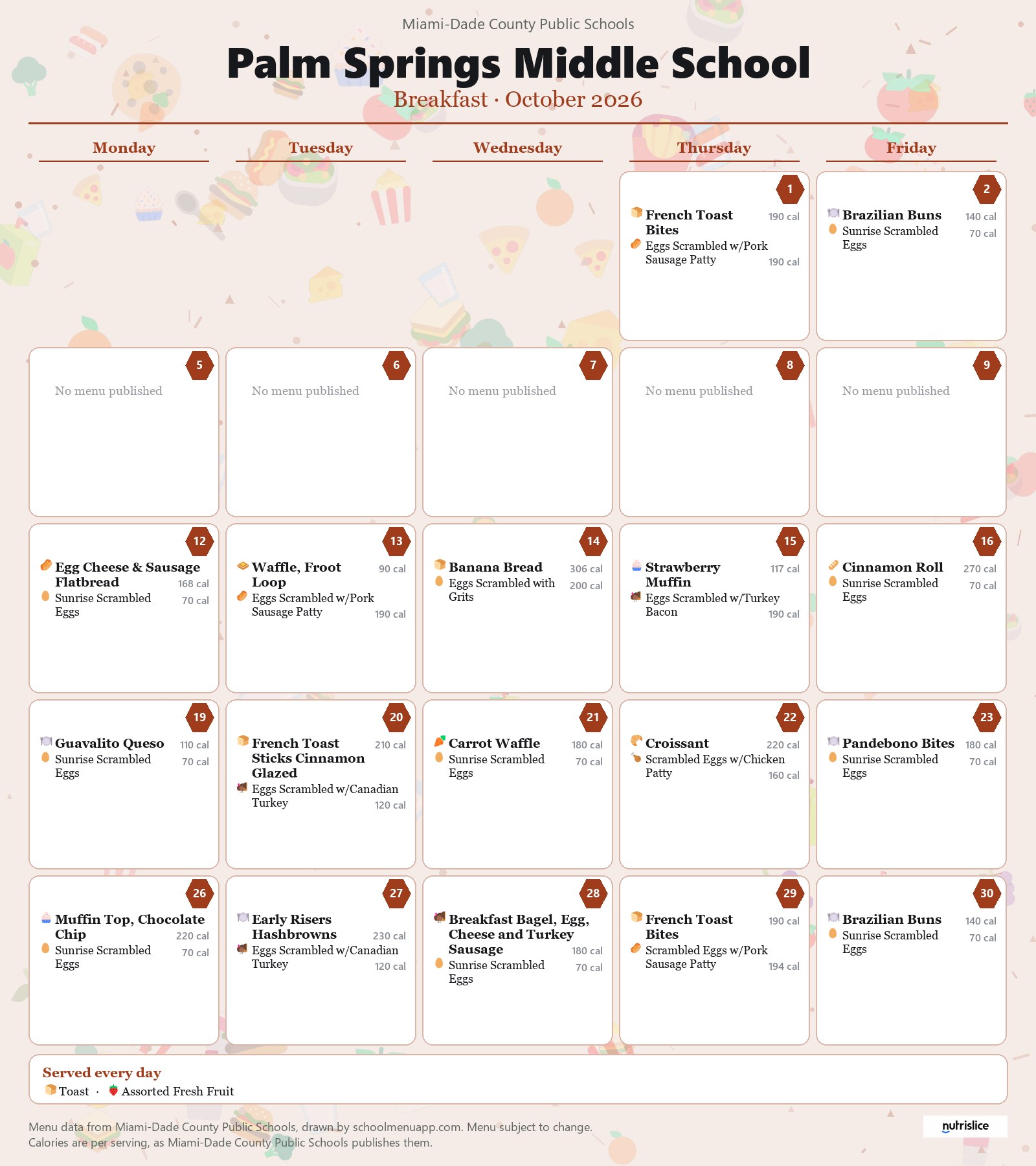 Palm Springs Middle School breakfast menu for October 2026 &mdash; Miami-Dade County Public Schools