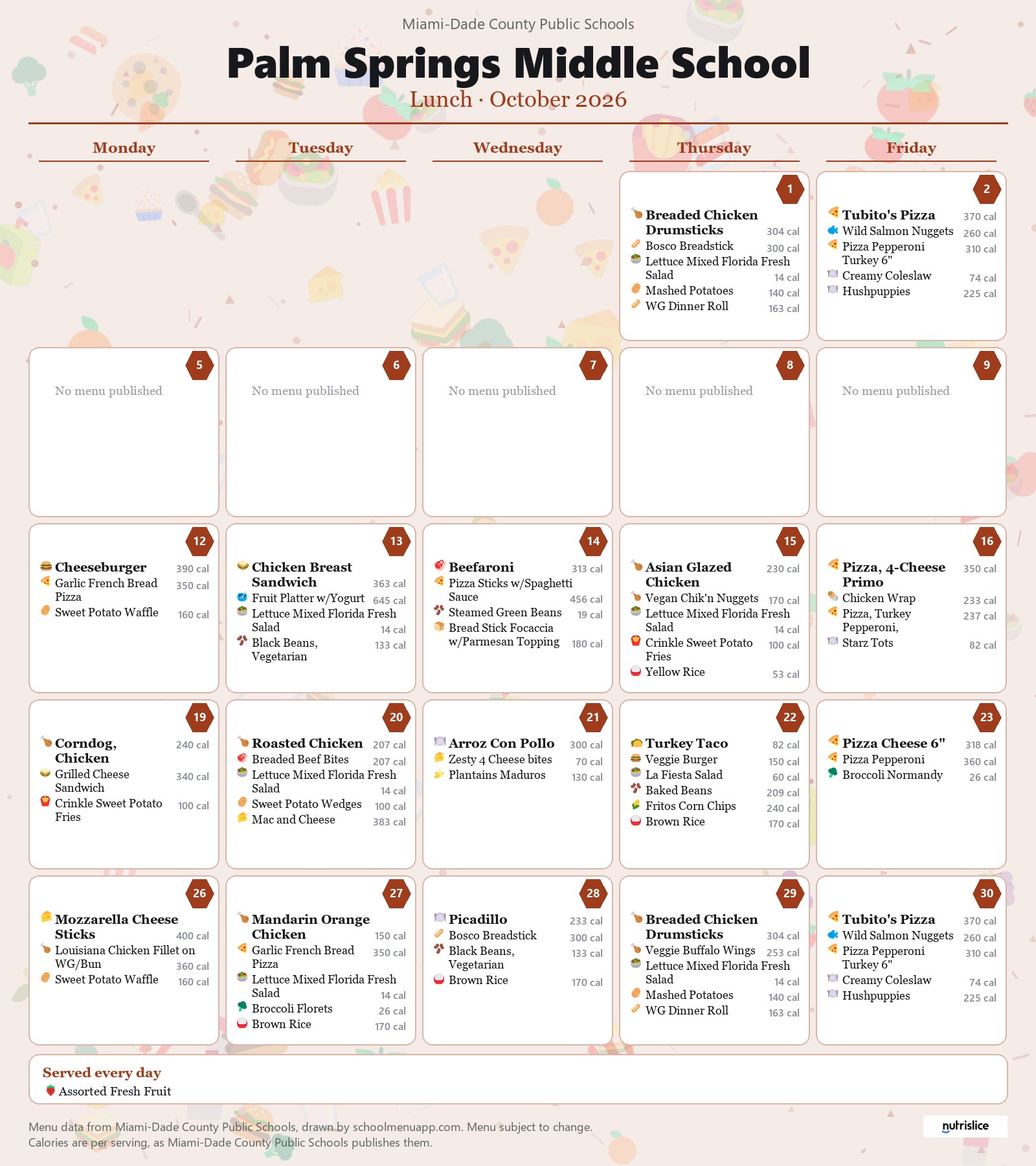 Palm Springs Middle School lunch menu for October 2026 &mdash; Miami-Dade County Public Schools