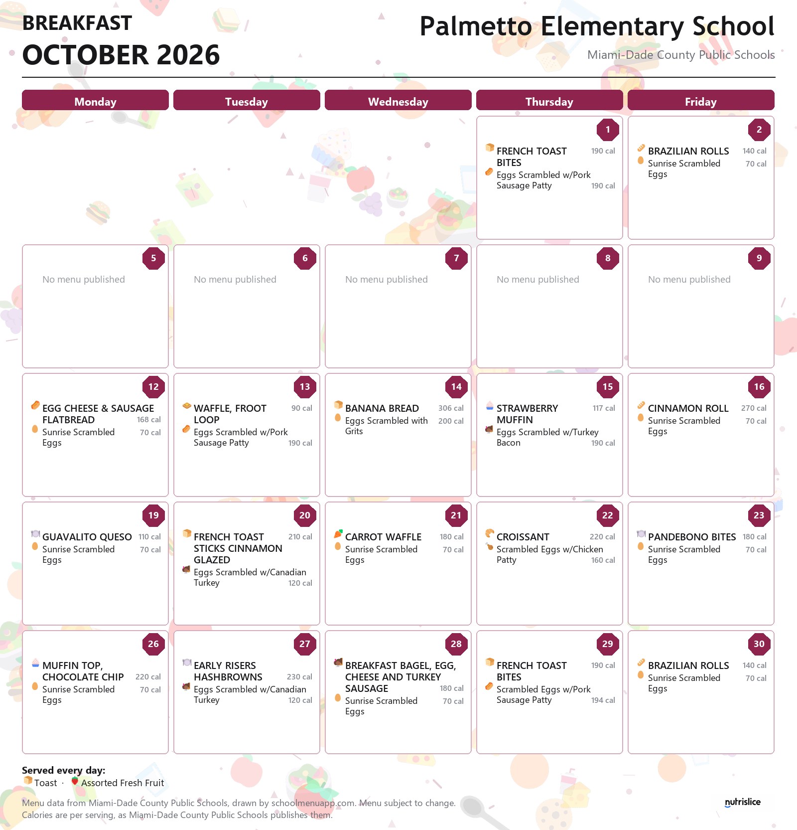 Palmetto Elementary School breakfast menu for October 2026 &mdash; Miami-Dade County Public Schools