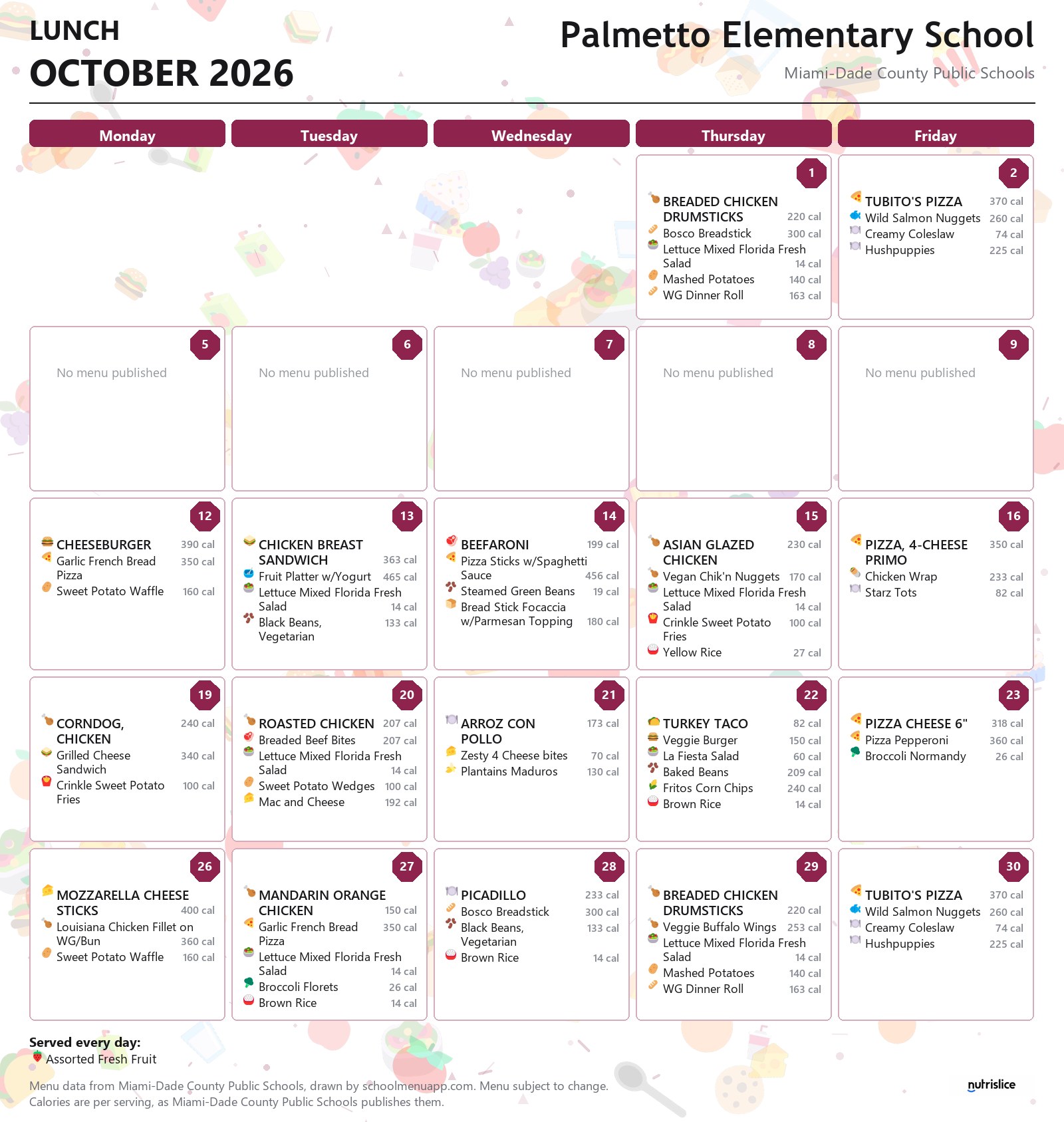 Palmetto Elementary School lunch menu for October 2026 &mdash; Miami-Dade County Public Schools