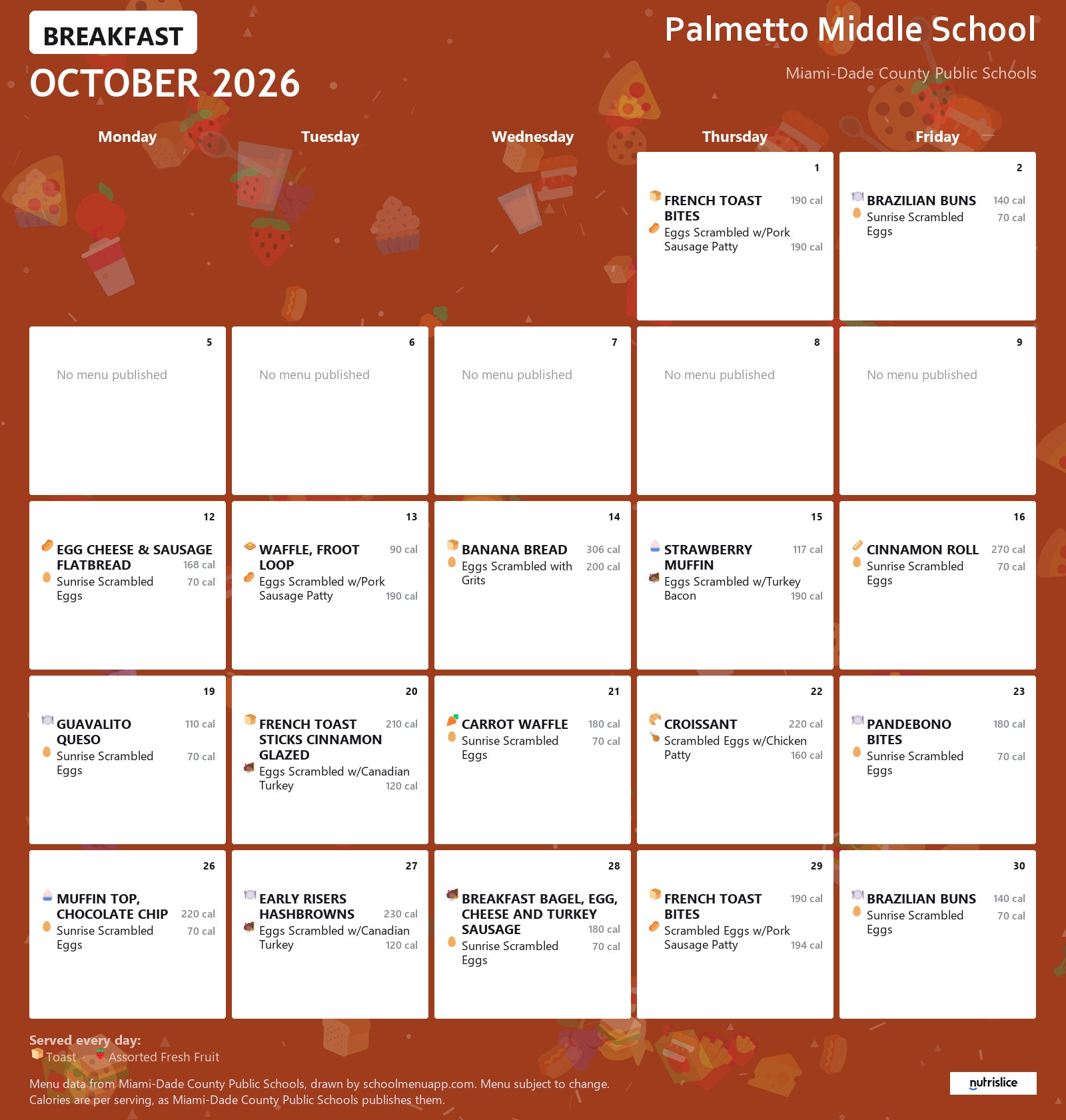 Palmetto Middle School breakfast menu for October 2026 &mdash; Miami-Dade County Public Schools