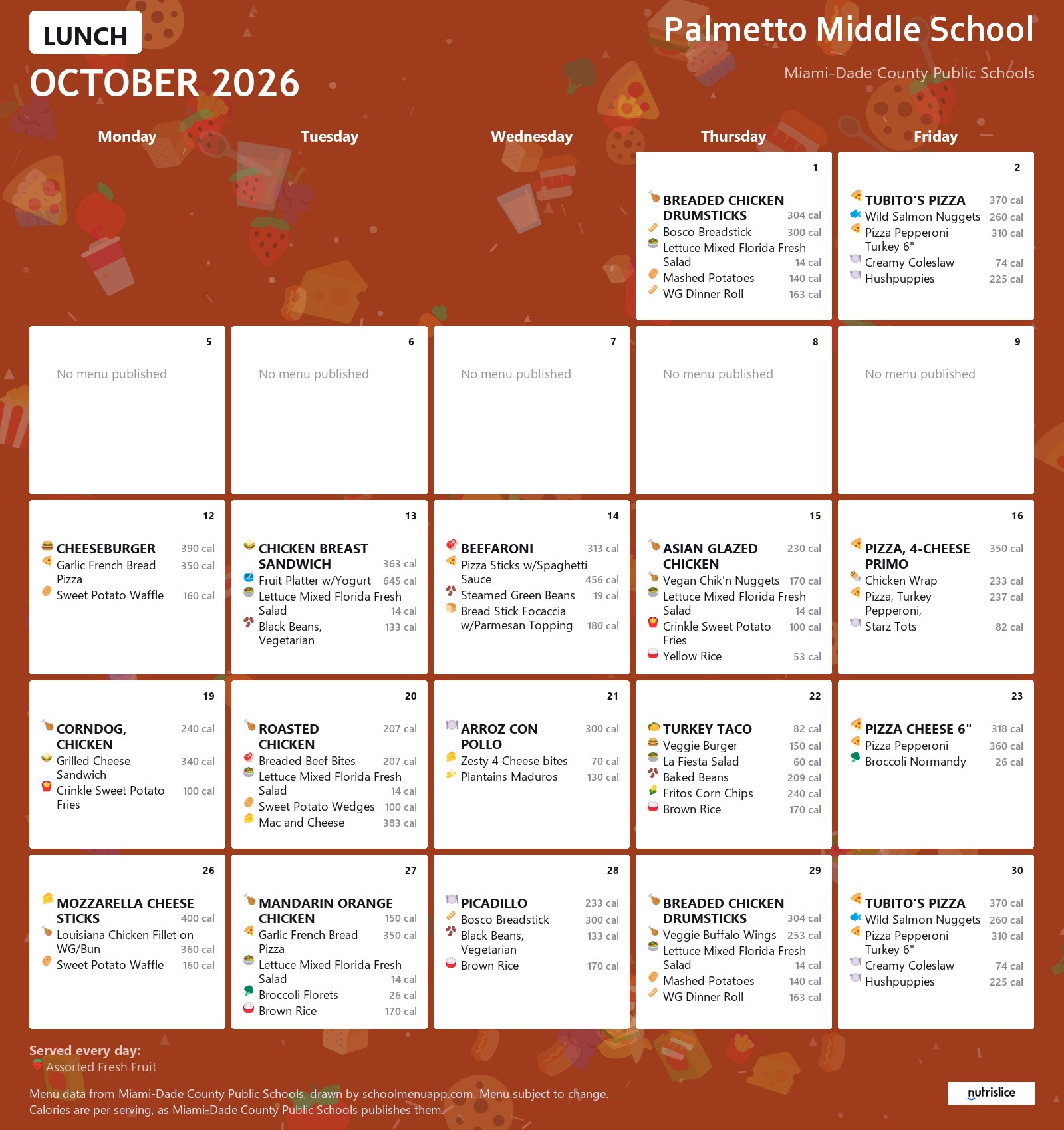 Palmetto Middle School lunch menu for October 2026 &mdash; Miami-Dade County Public Schools