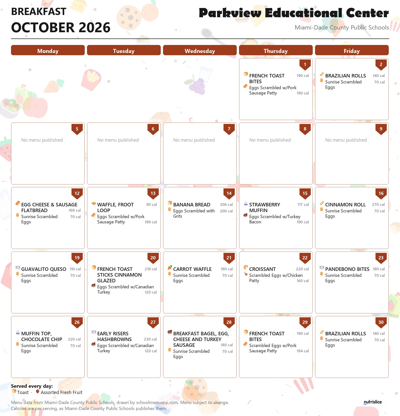 Parkview Educational Center breakfast menu for October 2026 &mdash; Miami-Dade County Public Schools