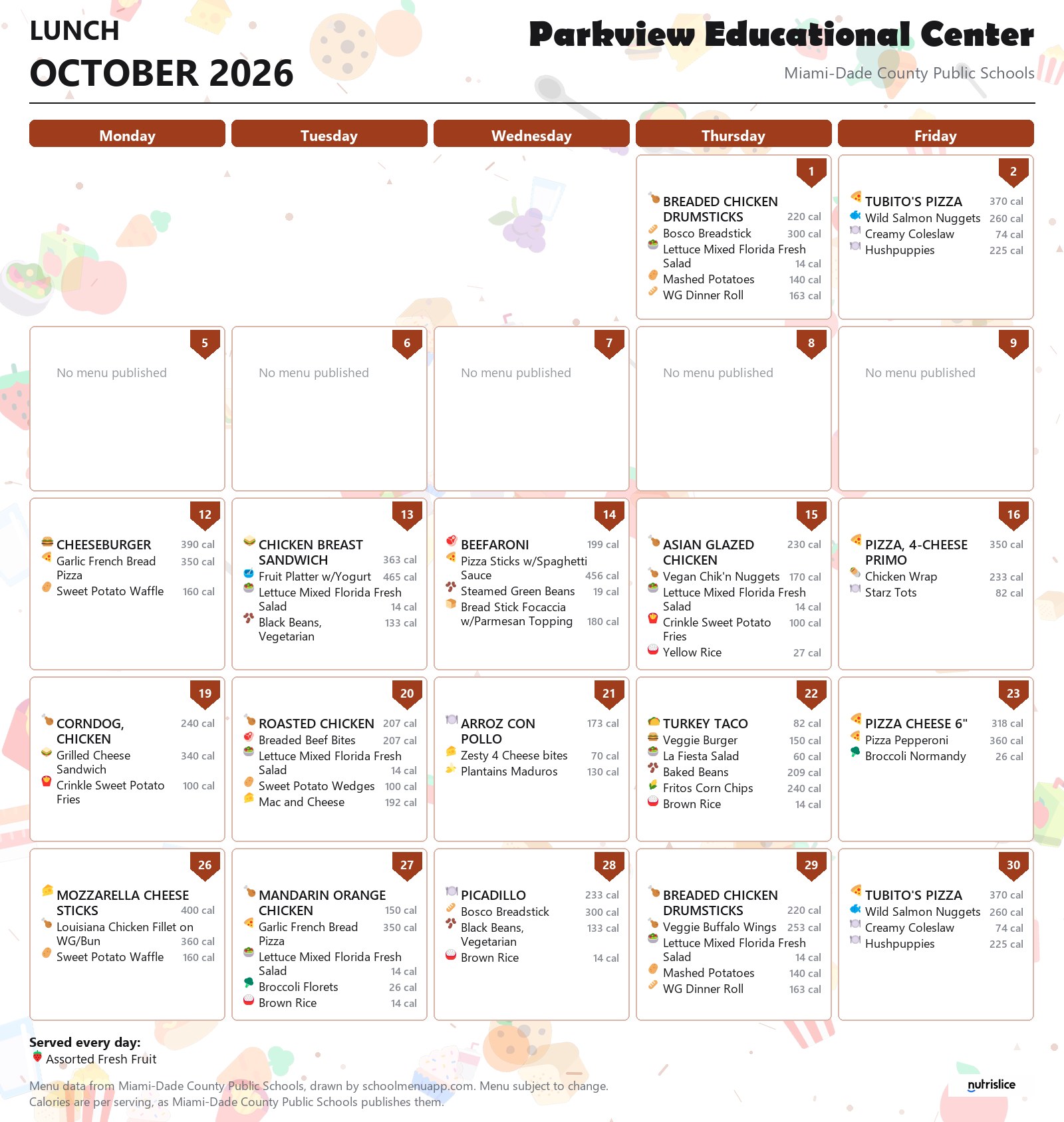 Parkview Educational Center lunch menu for October 2026 &mdash; Miami-Dade County Public Schools
