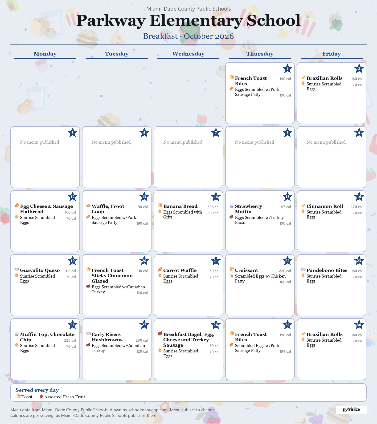 Parkway Elementary School breakfast menu for October 2026 &mdash; Miami-Dade County Public Schools