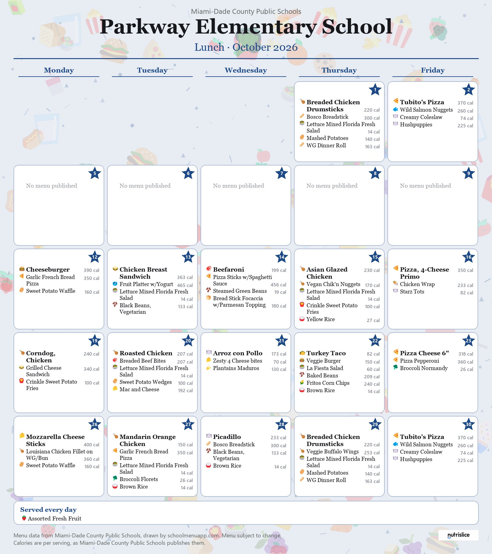 Parkway Elementary School lunch menu for October 2026 &mdash; Miami-Dade County Public Schools