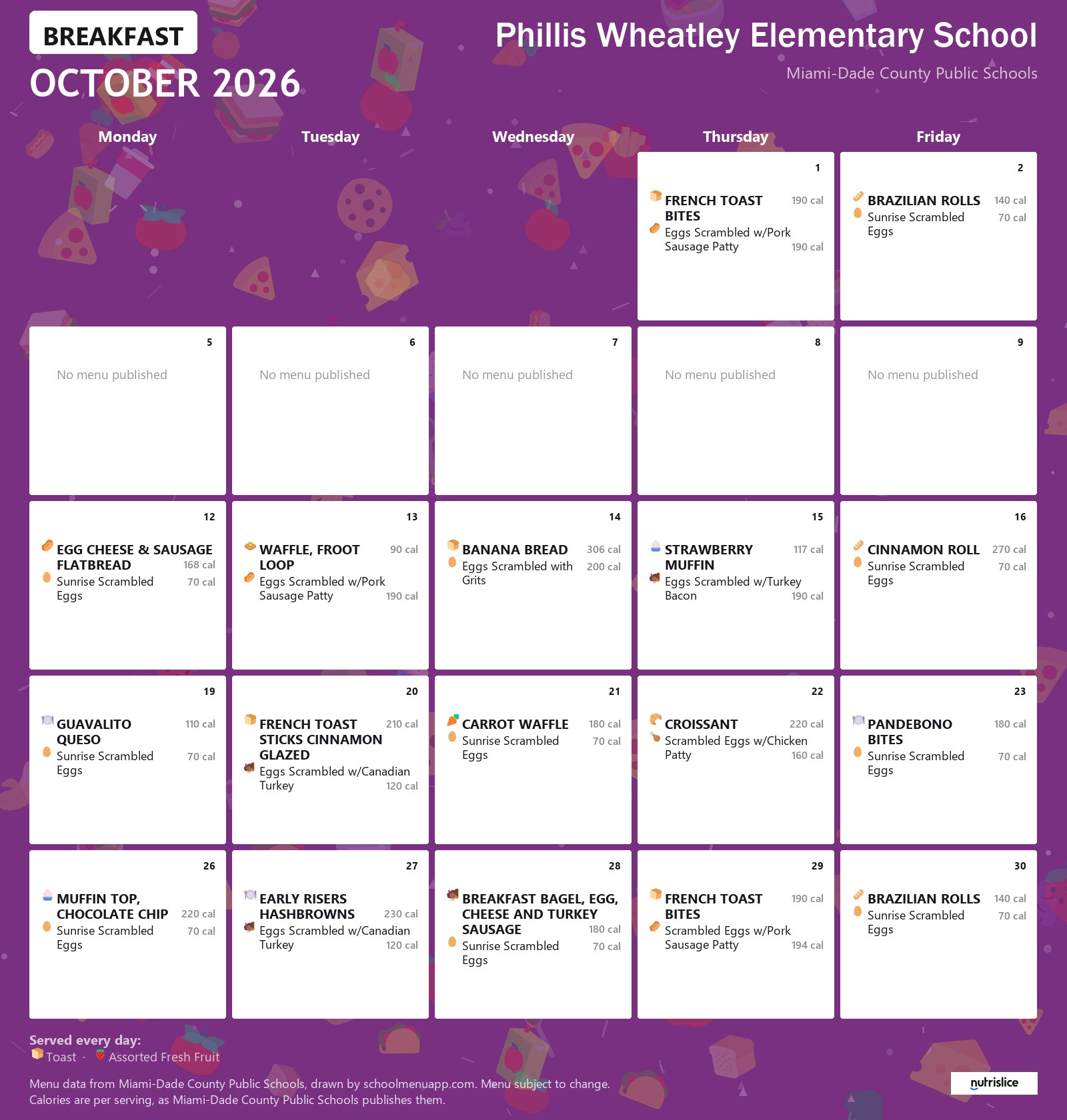 Phillis Wheatley Elementary School breakfast menu for October 2026 &mdash; Miami-Dade County Public Schools