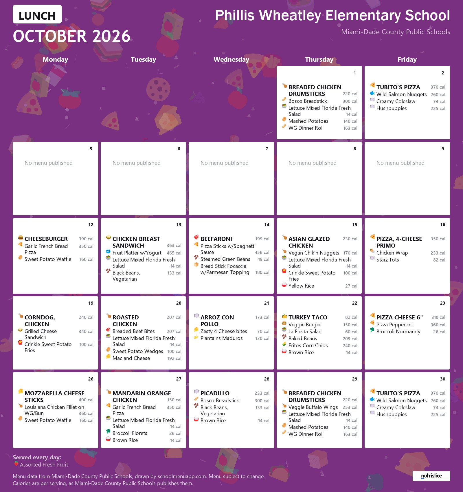 Phillis Wheatley Elementary School lunch menu for October 2026 &mdash; Miami-Dade County Public Schools