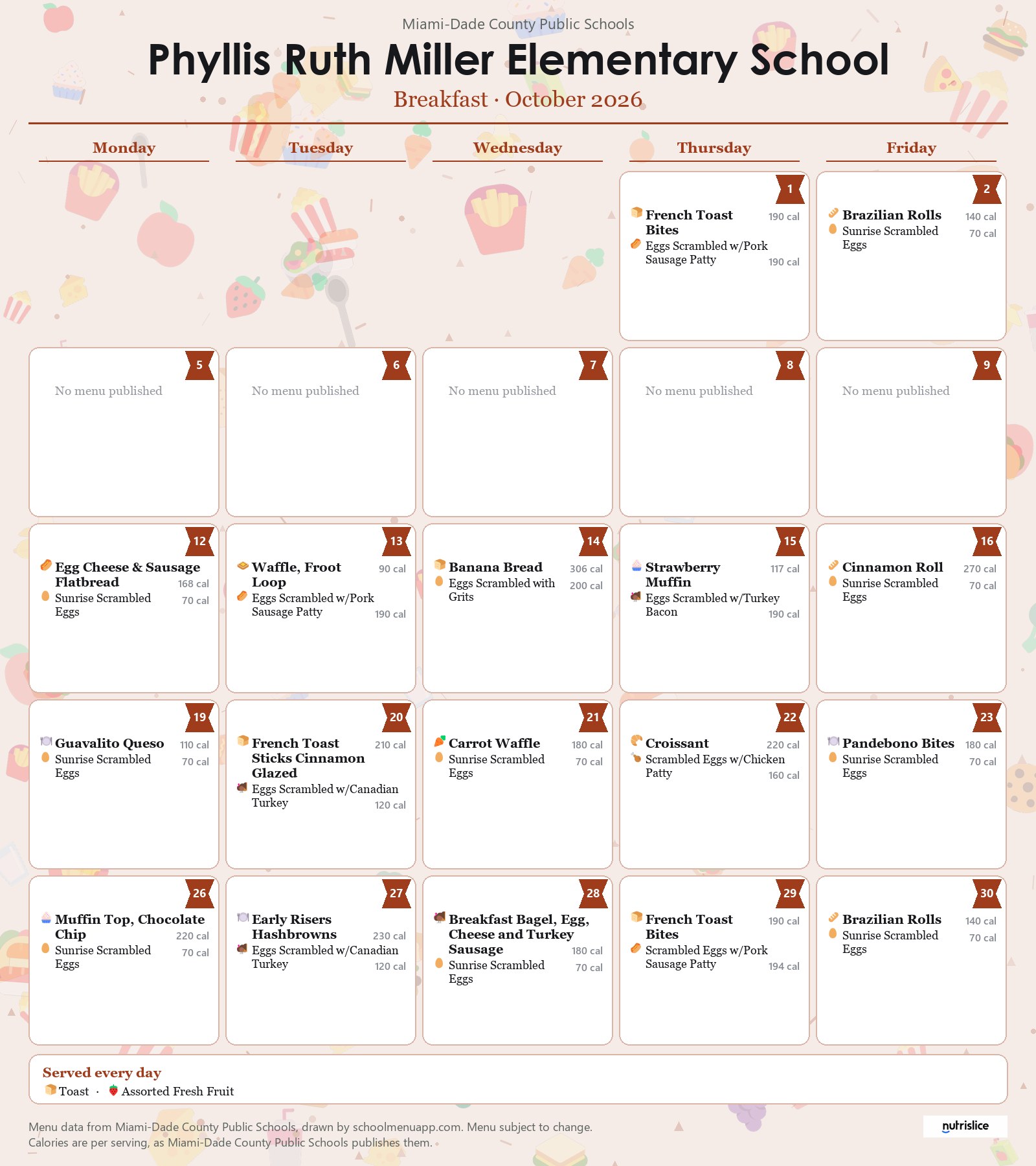 Phyllis Ruth Miller Elementary School breakfast menu for October 2026 &mdash; Miami-Dade County Public Schools