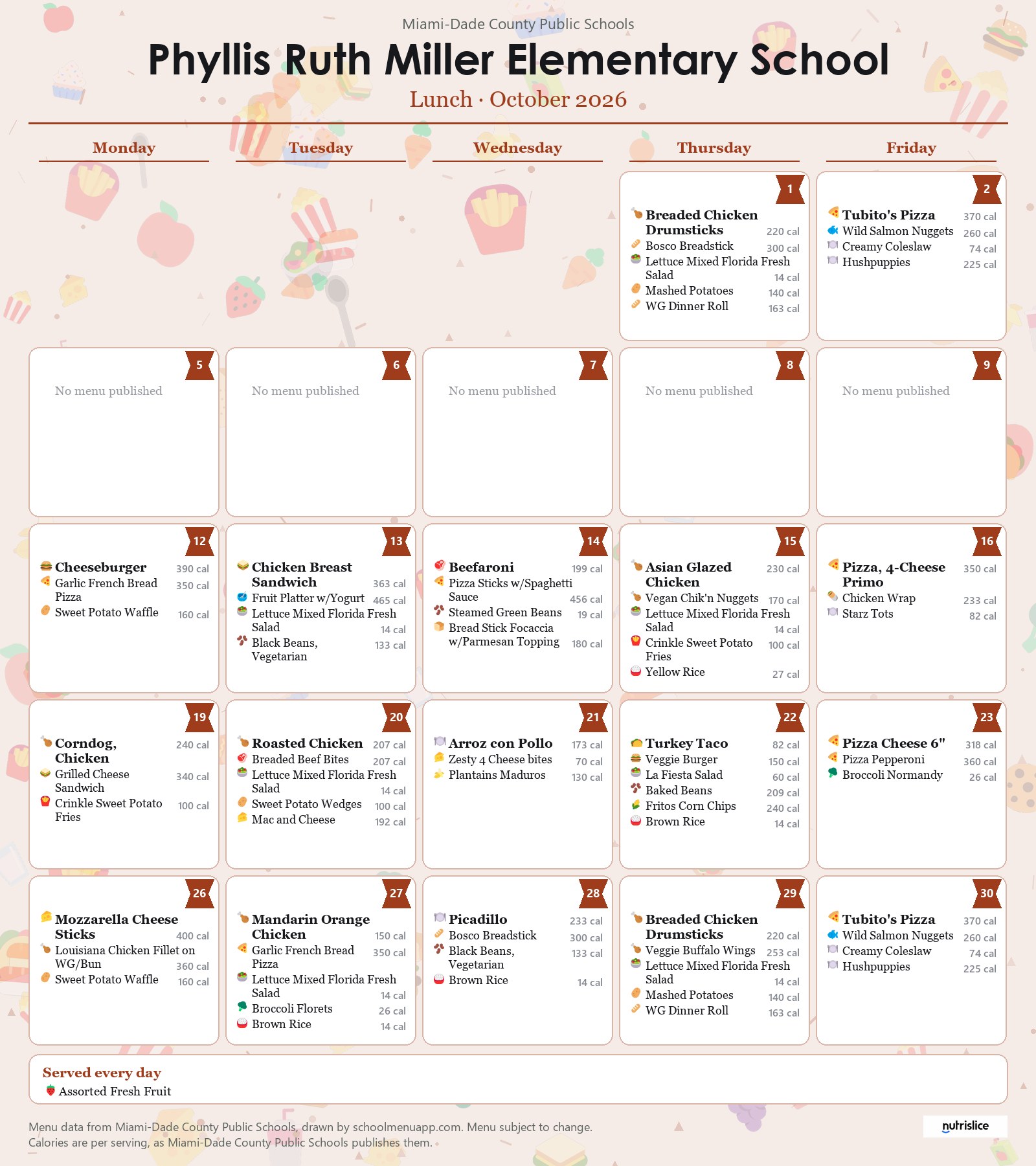 Phyllis Ruth Miller Elementary School lunch menu for October 2026 &mdash; Miami-Dade County Public Schools