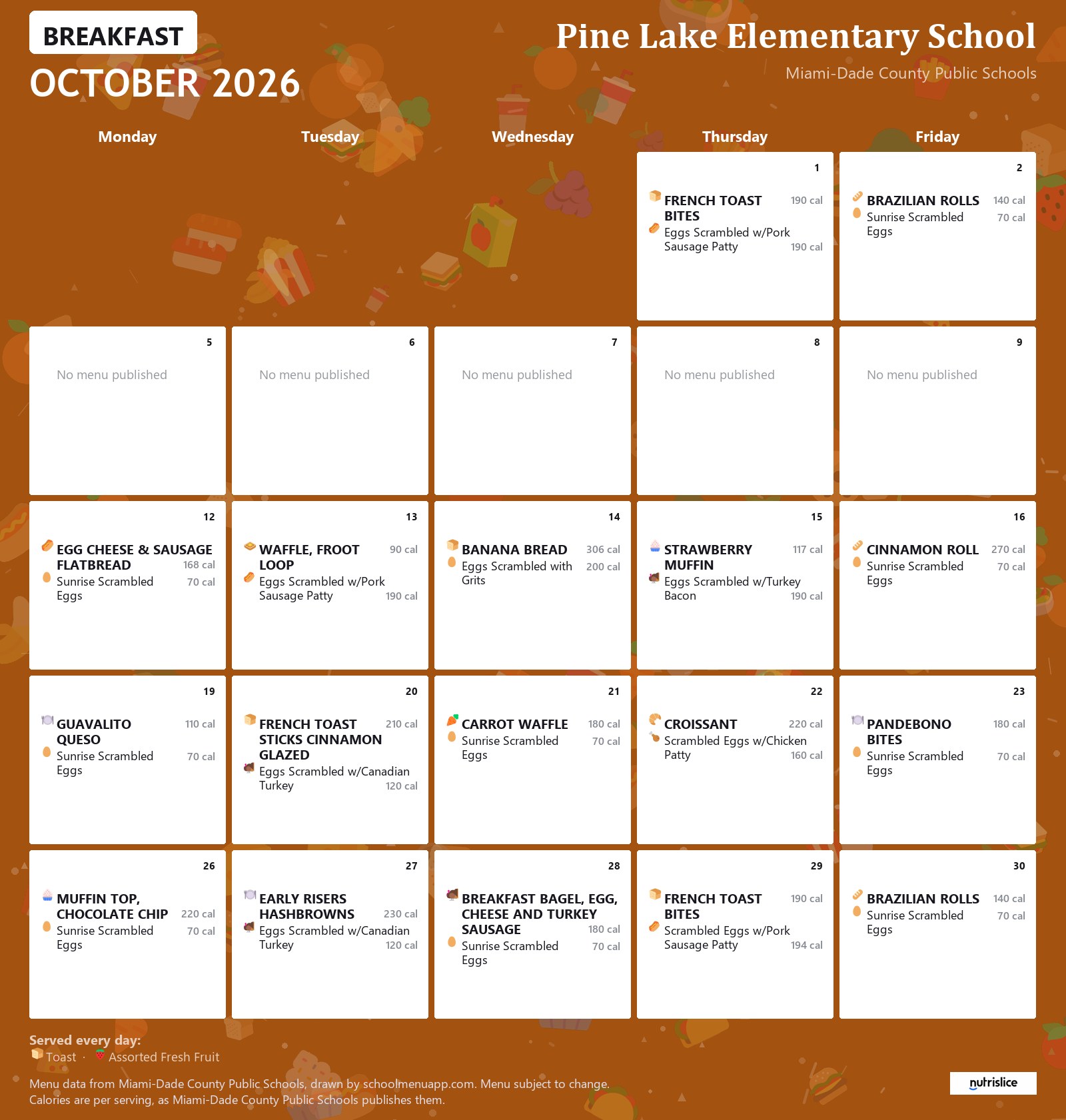 Pine Lake Elementary School breakfast menu for October 2026 &mdash; Miami-Dade County Public Schools