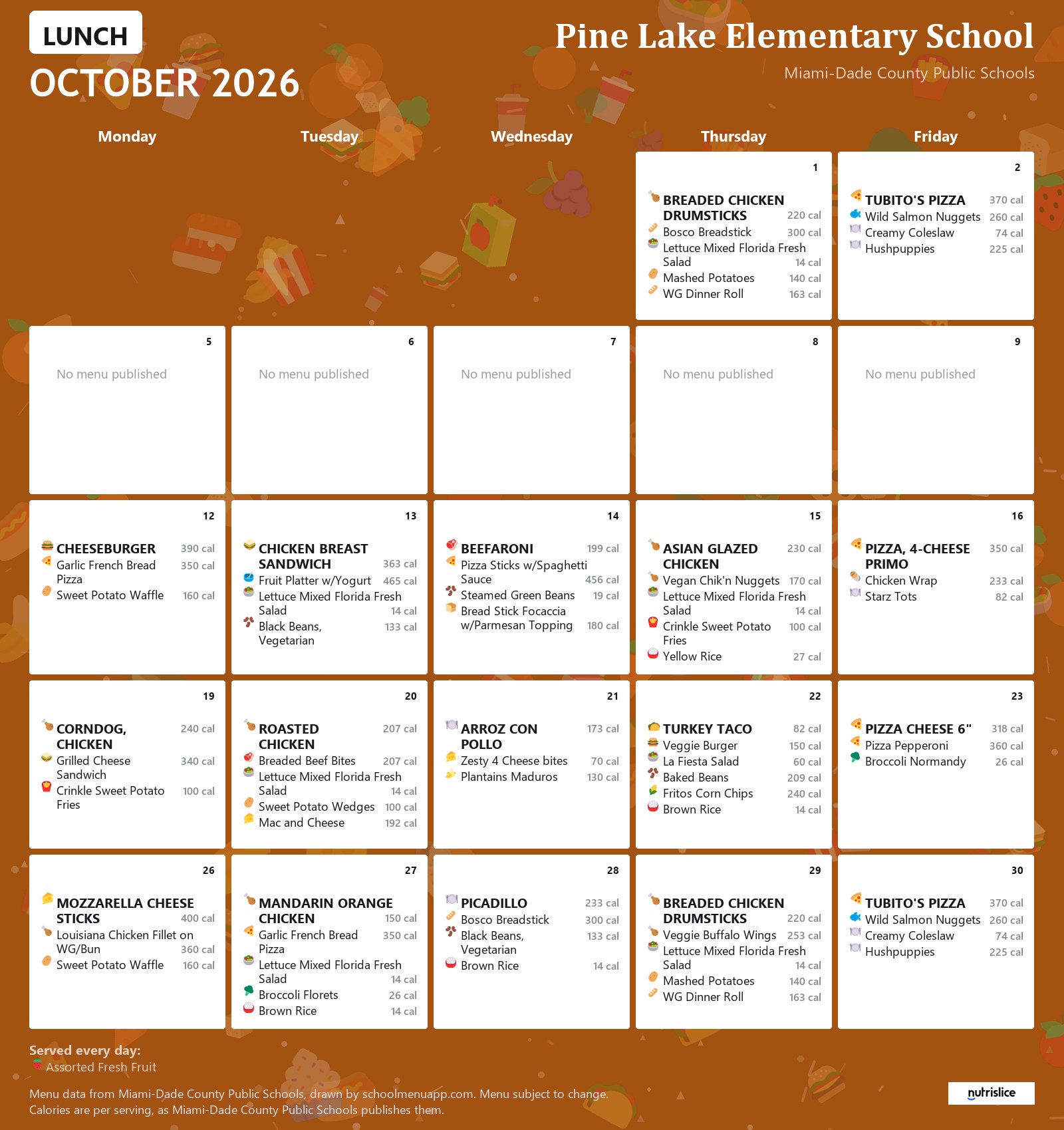 Pine Lake Elementary School lunch menu for October 2026 &mdash; Miami-Dade County Public Schools