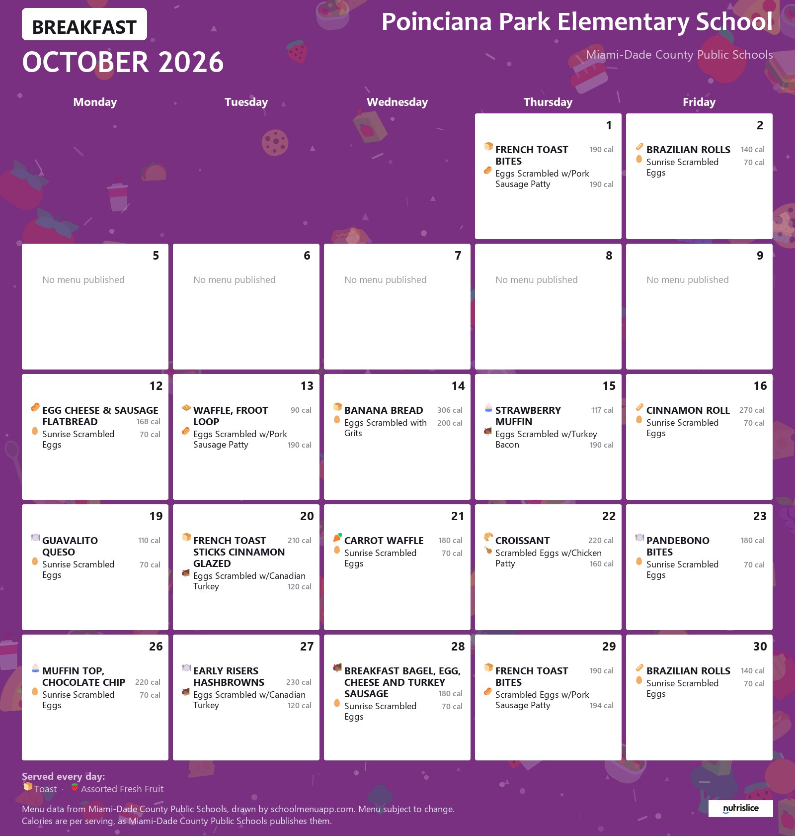 Poinciana Park Elementary School breakfast menu for October 2026 &mdash; Miami-Dade County Public Schools
