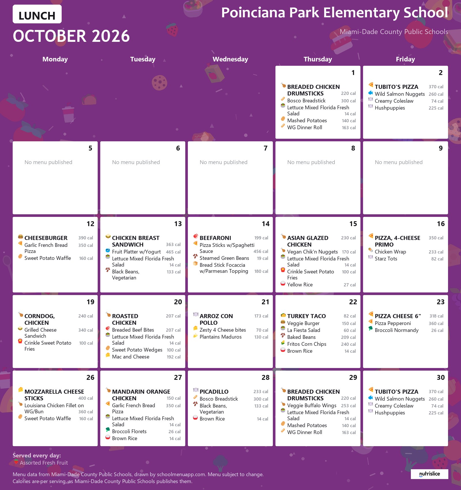 Poinciana Park Elementary School lunch menu for October 2026 &mdash; Miami-Dade County Public Schools