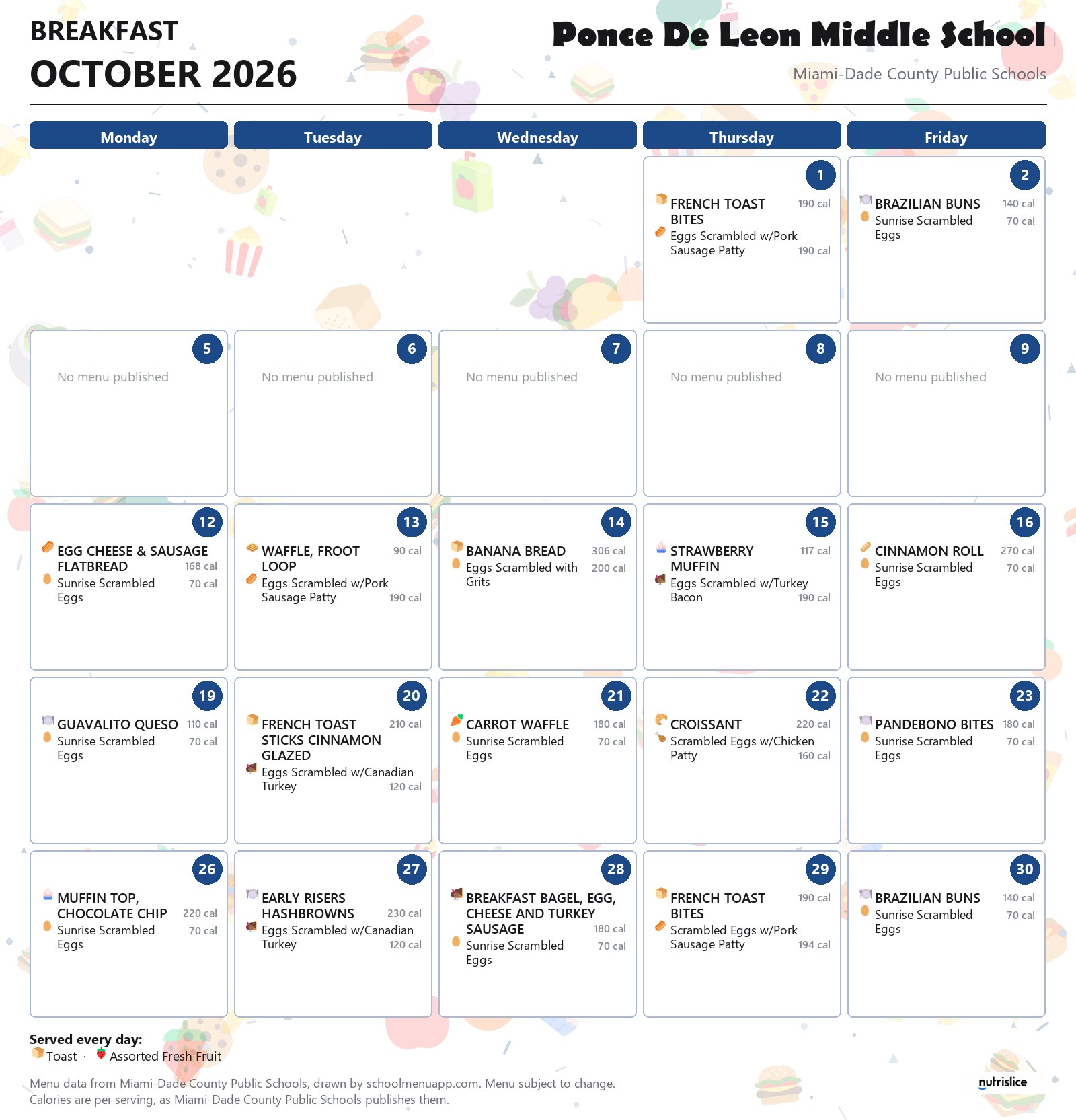 Ponce De Leon Middle School breakfast menu for October 2026 &mdash; Miami-Dade County Public Schools