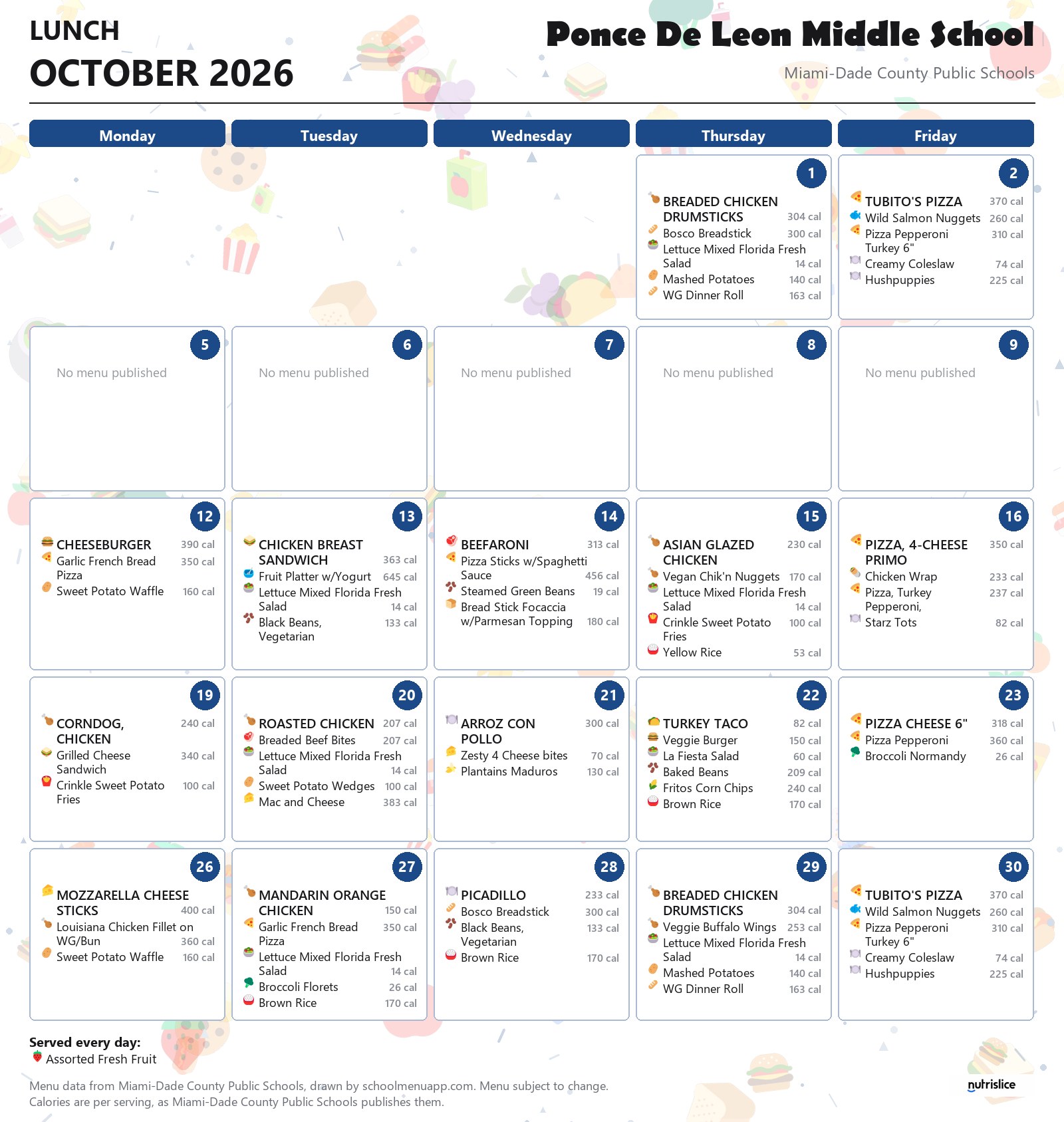 Ponce De Leon Middle School lunch menu for October 2026 &mdash; Miami-Dade County Public Schools