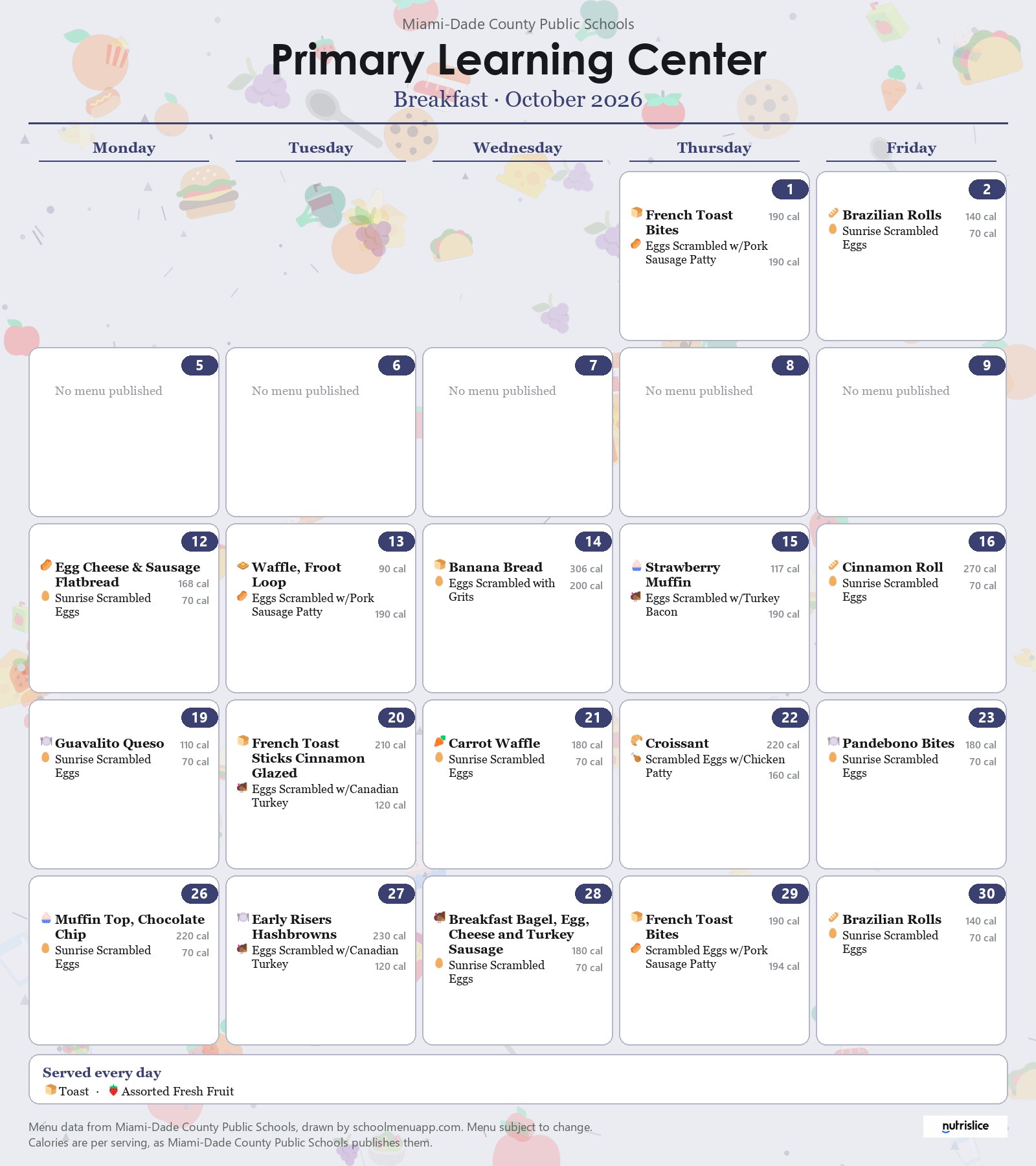 Primary Learning Center breakfast menu for October 2026 &mdash; Miami-Dade County Public Schools