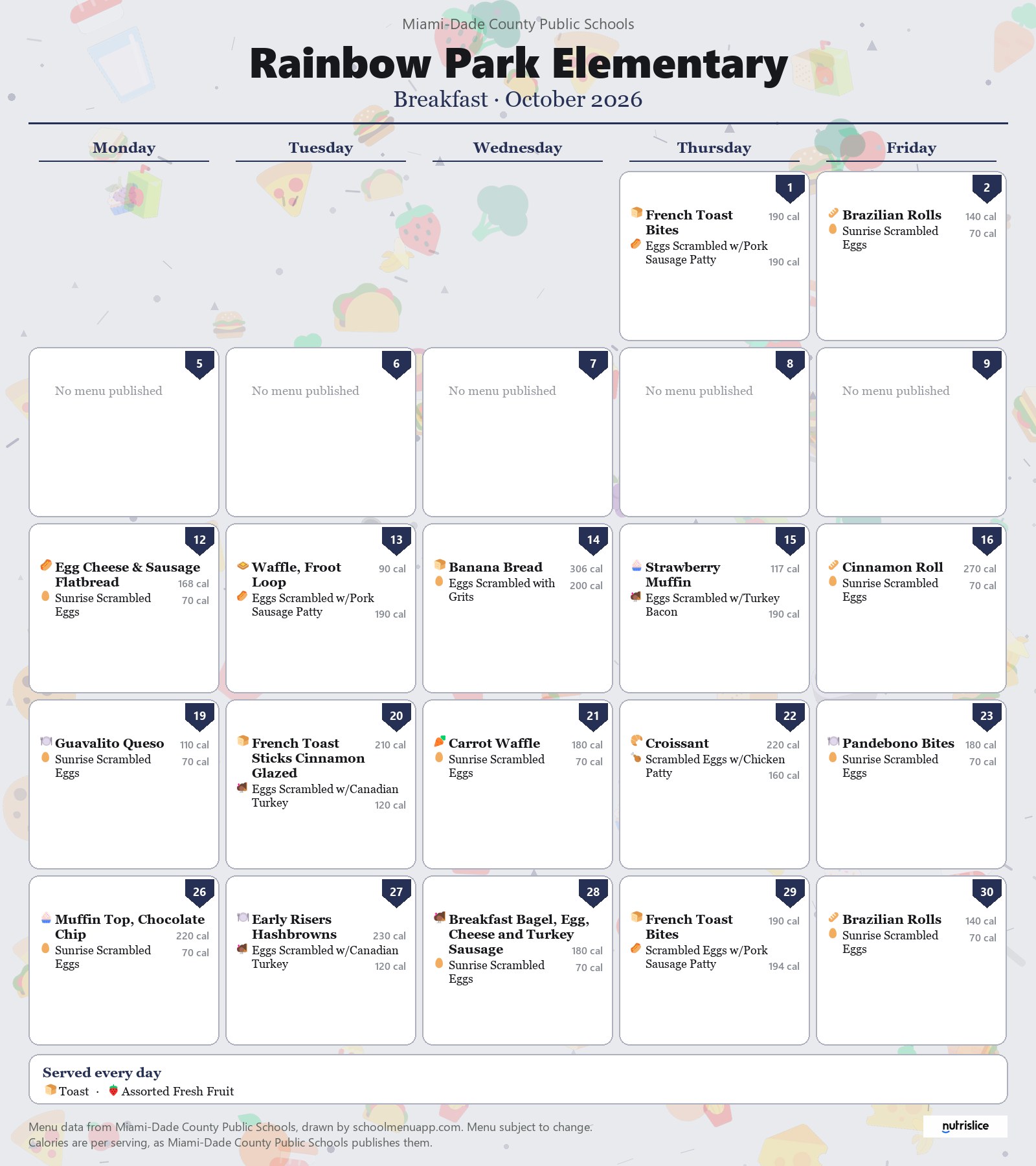 Rainbow Park Elementary breakfast menu for October 2026 &mdash; Miami-Dade County Public Schools