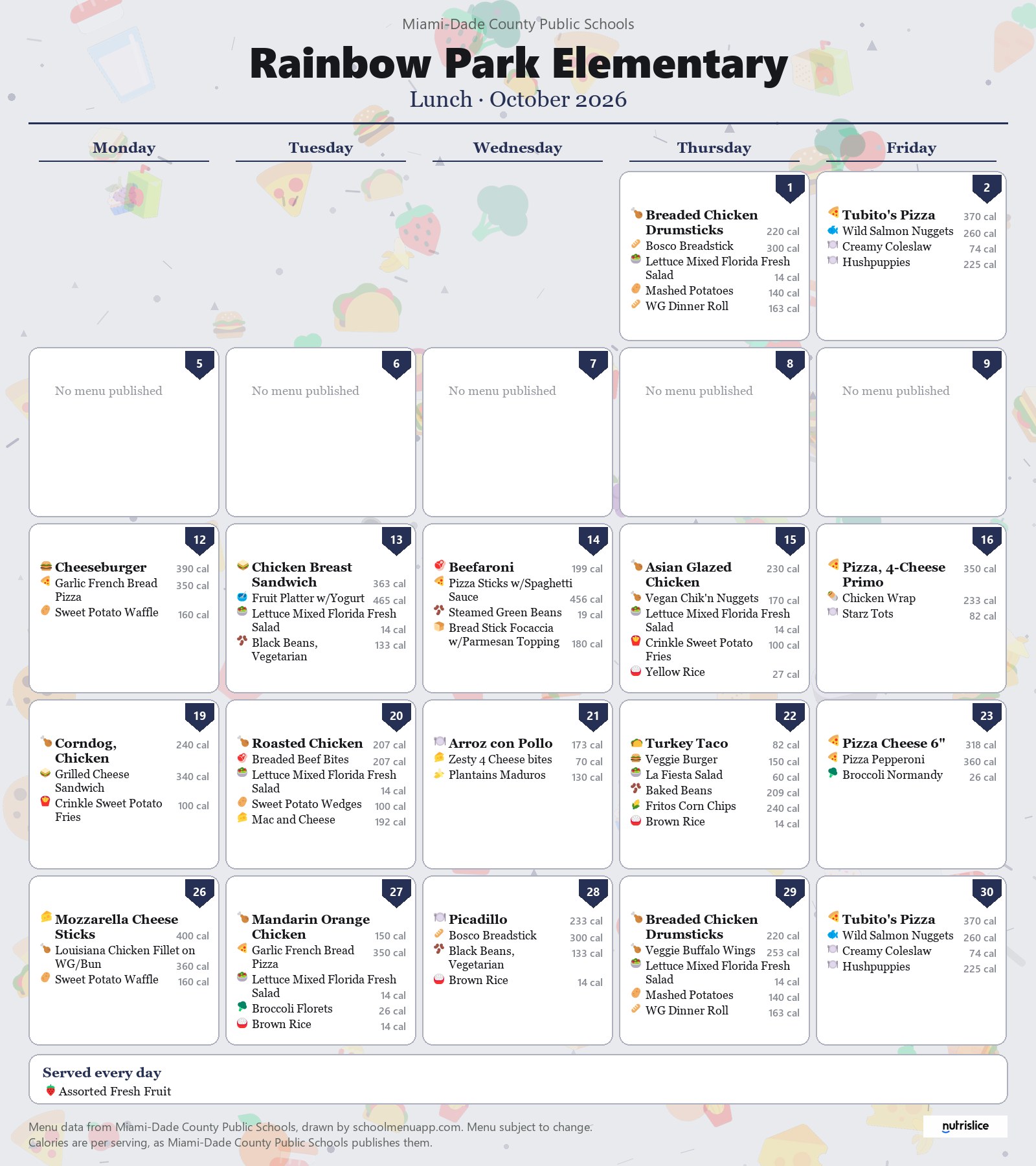 Rainbow Park Elementary lunch menu for October 2026 &mdash; Miami-Dade County Public Schools