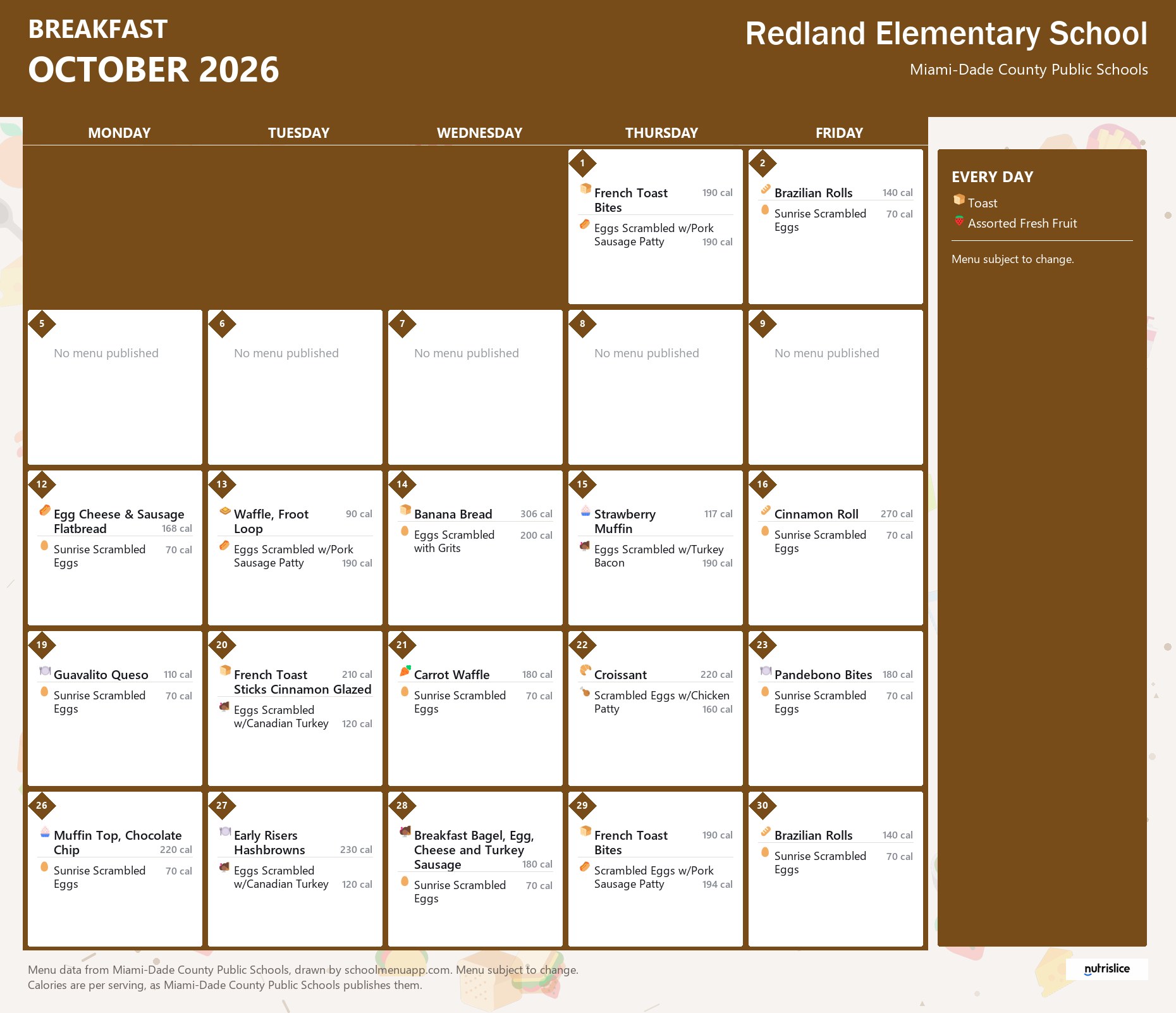 Redland Elementary School breakfast menu for October 2026 &mdash; Miami-Dade County Public Schools