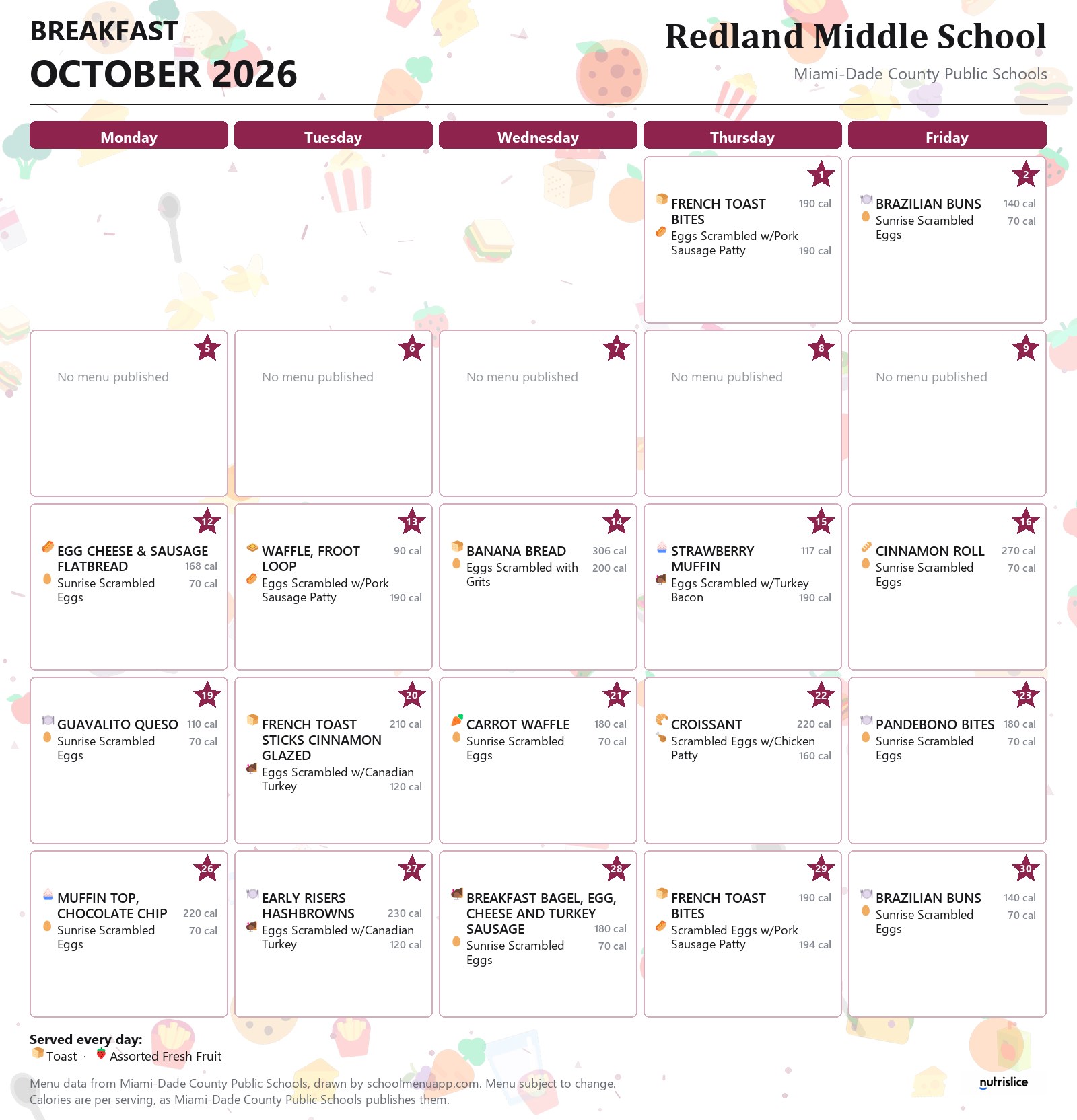 Redland Middle School breakfast menu for October 2026 &mdash; Miami-Dade County Public Schools