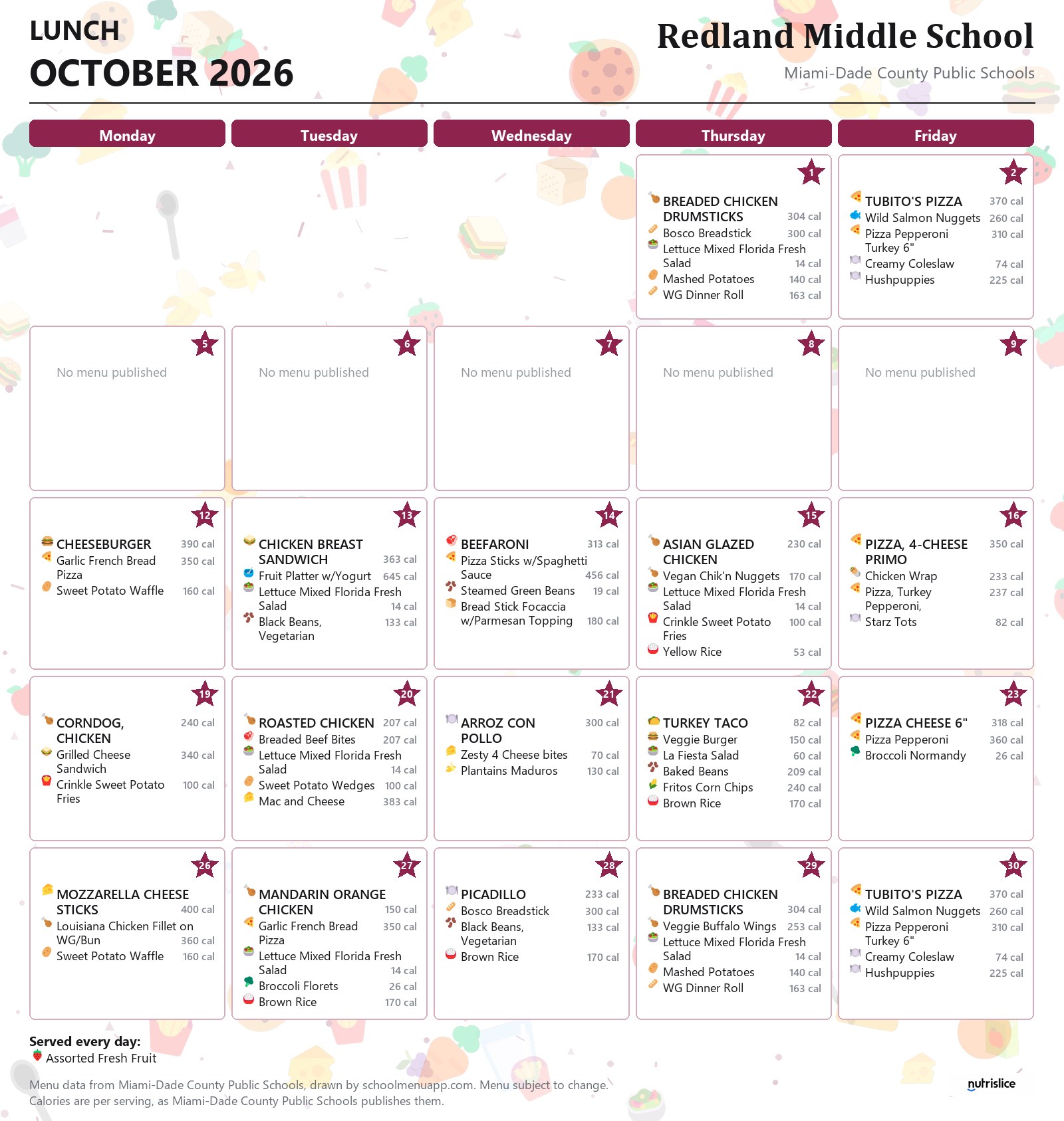 Redland Middle School lunch menu for October 2026 &mdash; Miami-Dade County Public Schools