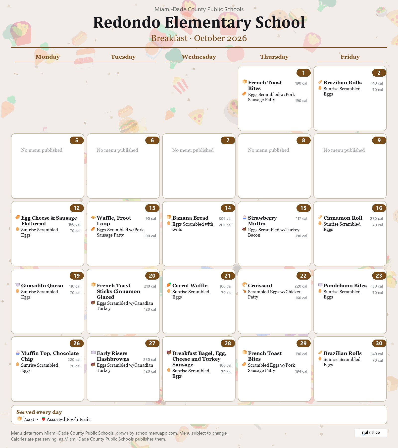 Redondo Elementary School breakfast menu for October 2026 &mdash; Miami-Dade County Public Schools