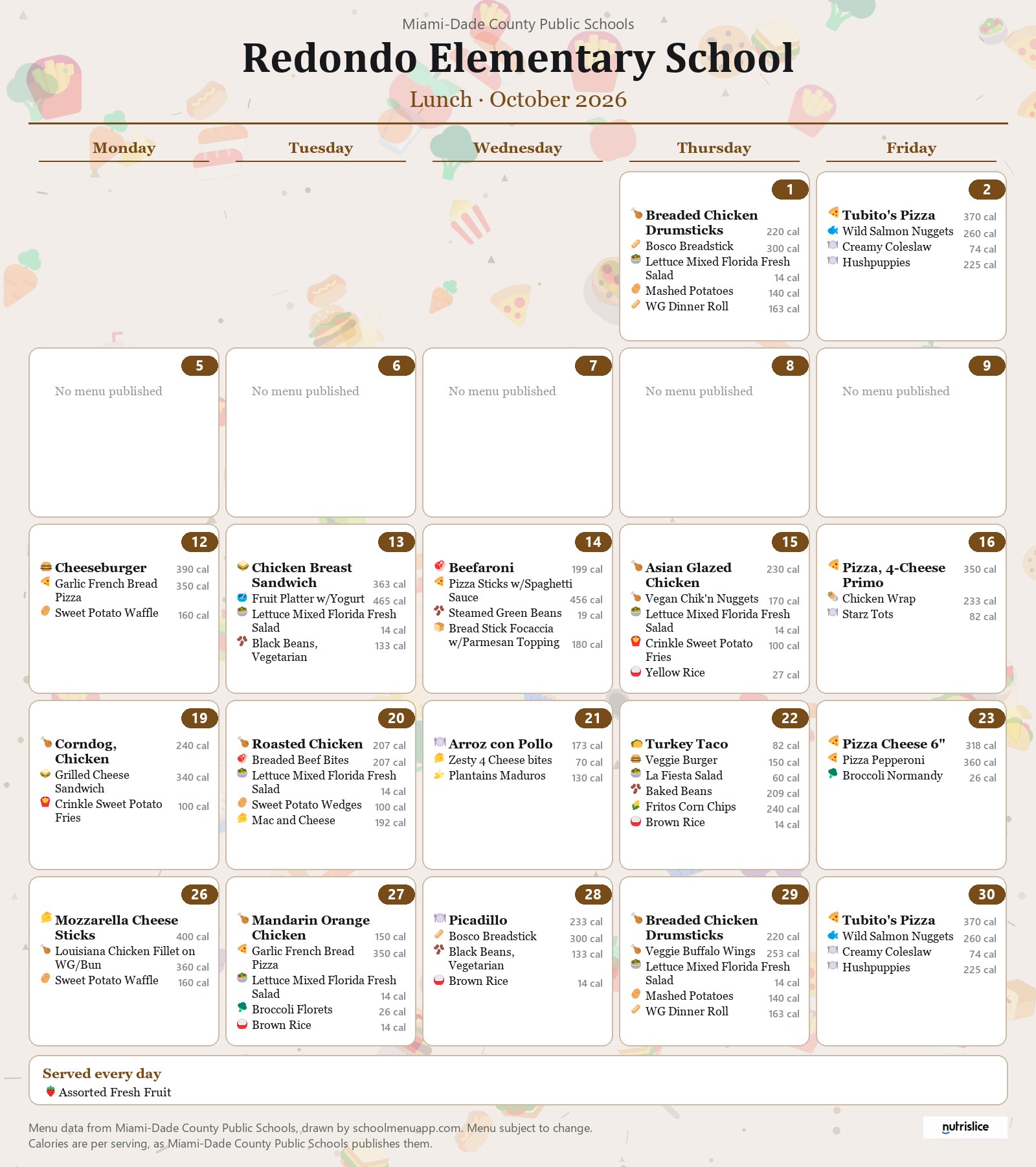 Redondo Elementary School lunch menu for October 2026 &mdash; Miami-Dade County Public Schools