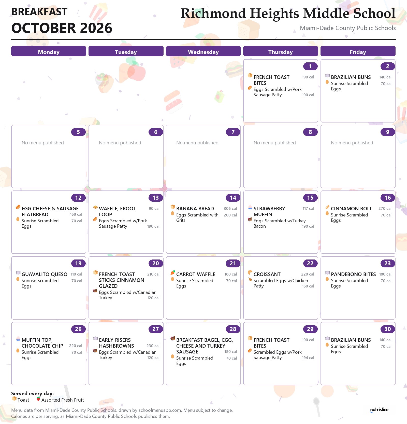 Richmond Heights Middle School breakfast menu for October 2026 &mdash; Miami-Dade County Public Schools