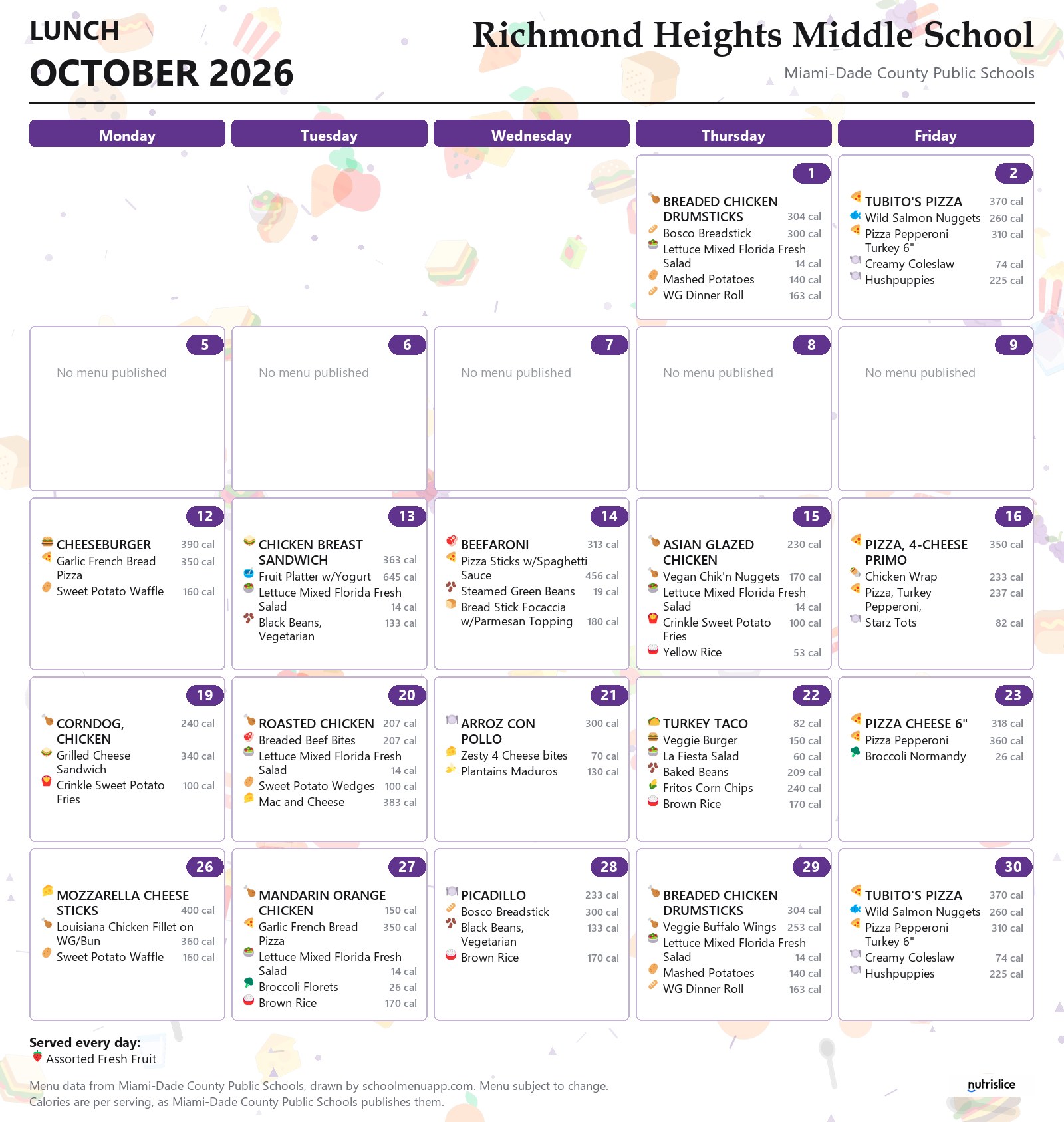 Richmond Heights Middle School lunch menu for October 2026 &mdash; Miami-Dade County Public Schools