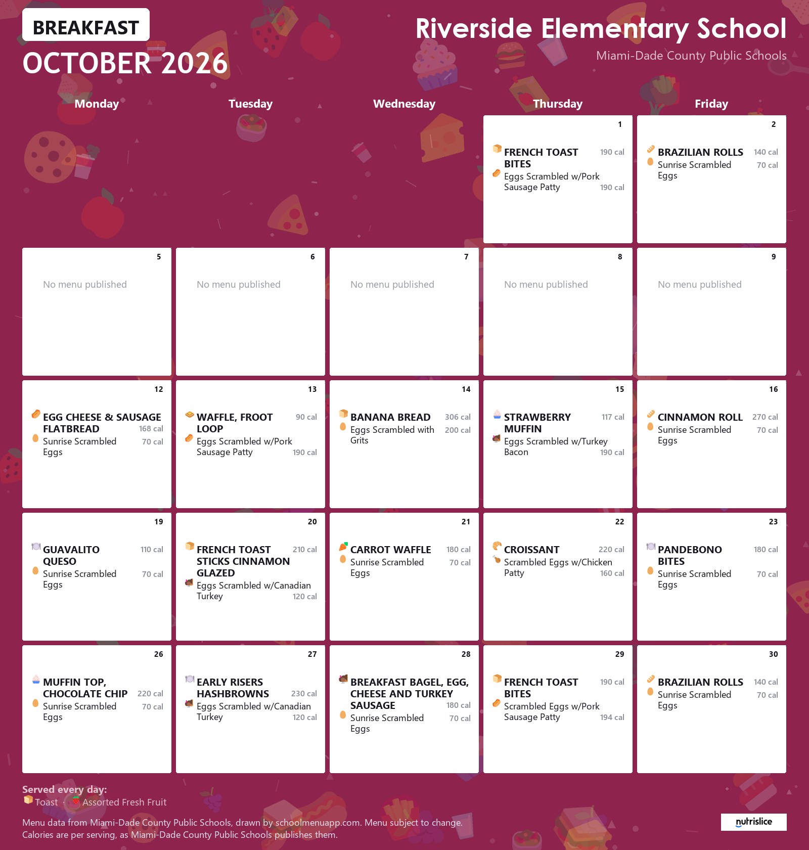 Riverside Elementary School breakfast menu for October 2026 &mdash; Miami-Dade County Public Schools