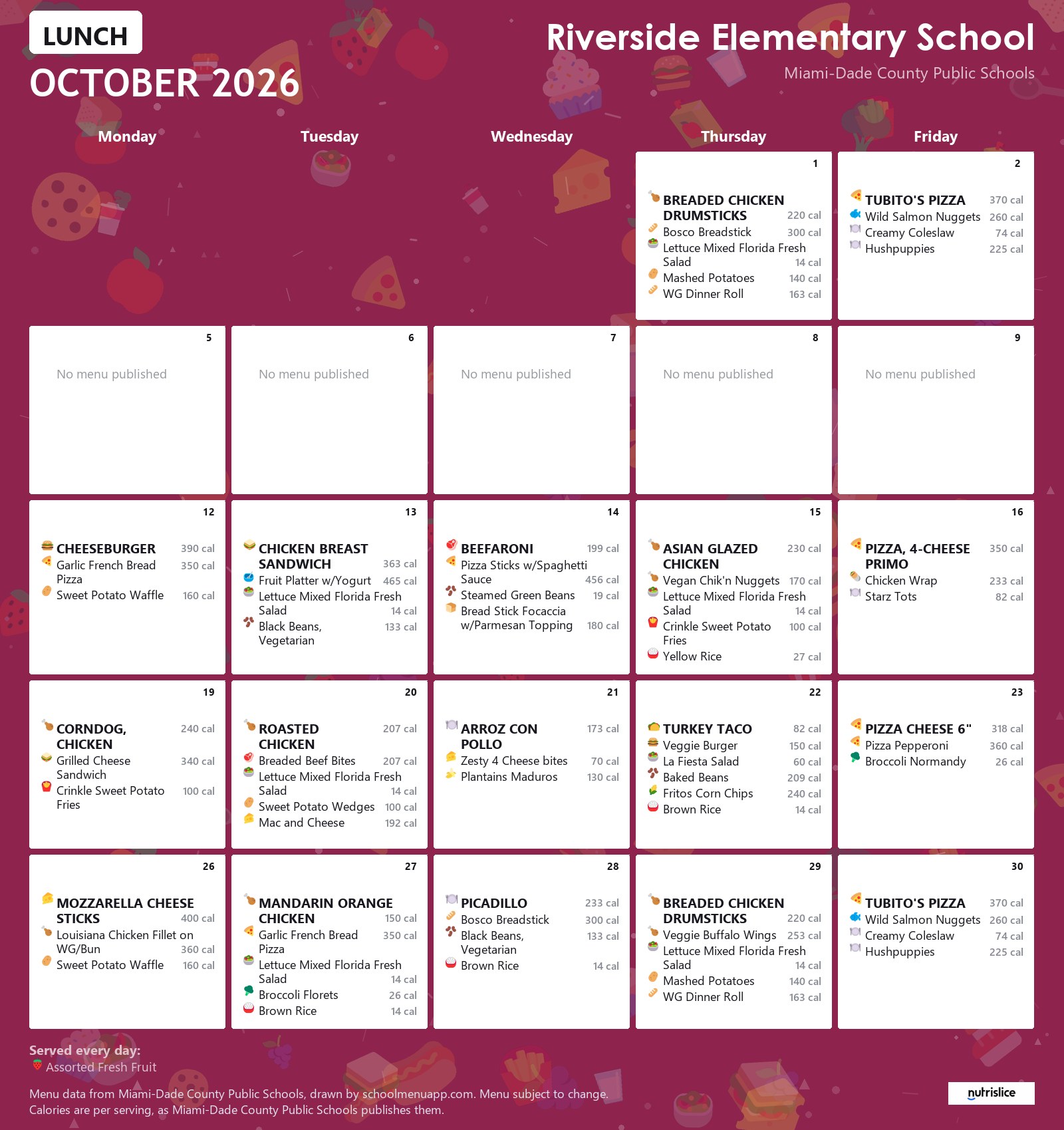 Riverside Elementary School lunch menu for October 2026 &mdash; Miami-Dade County Public Schools
