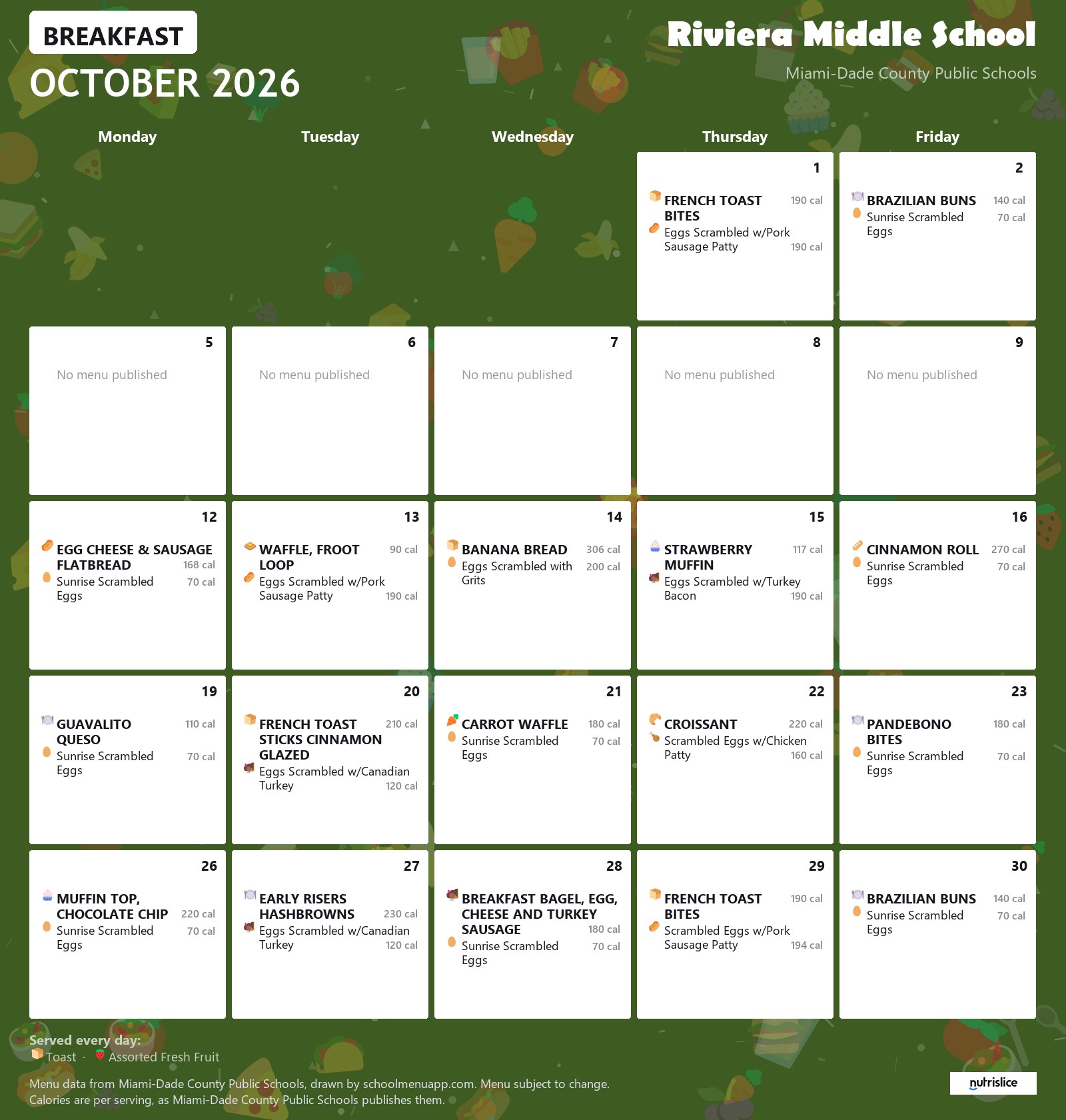 Riviera Middle School breakfast menu for October 2026 &mdash; Miami-Dade County Public Schools