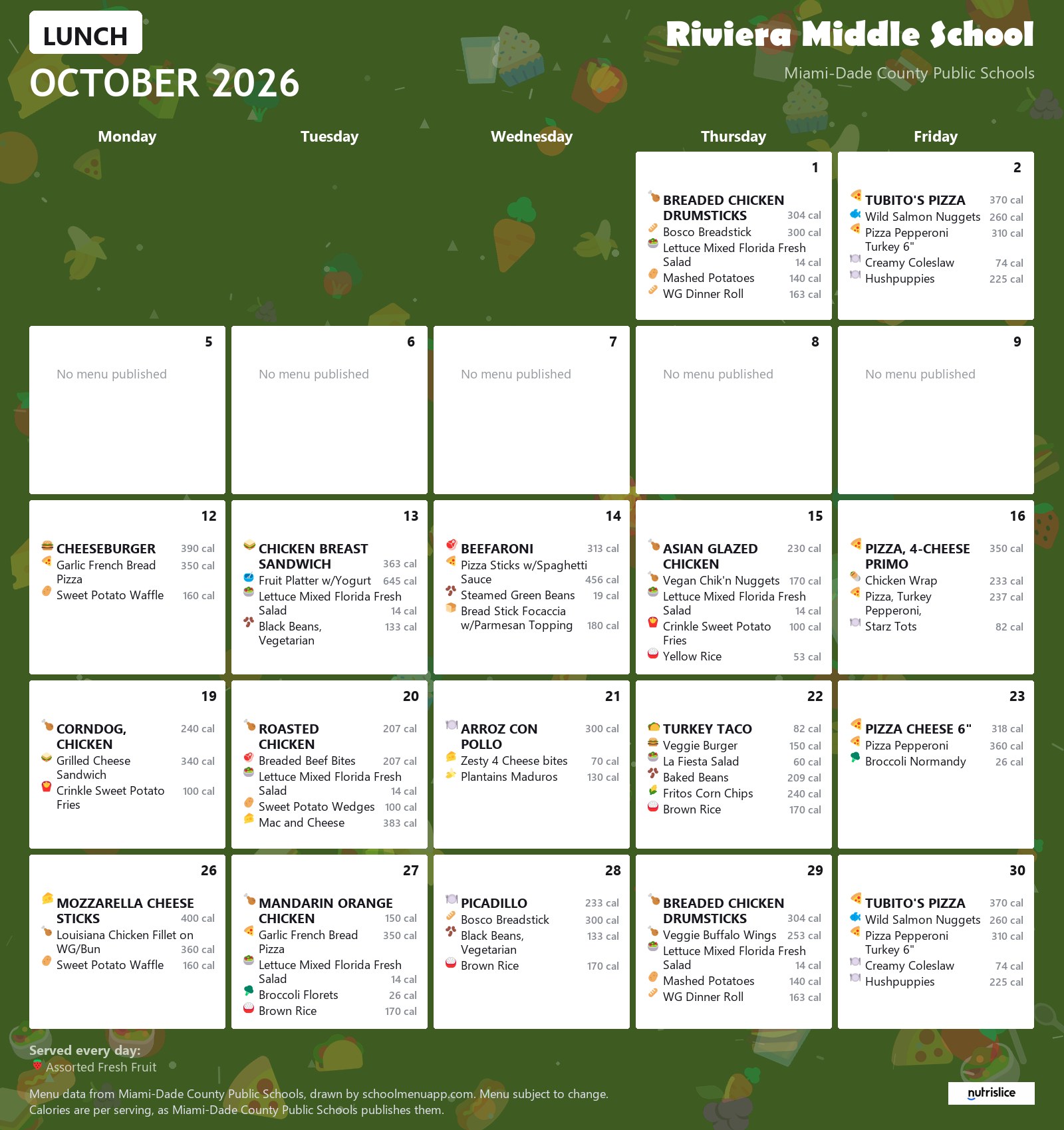 Riviera Middle School lunch menu for October 2026 &mdash; Miami-Dade County Public Schools