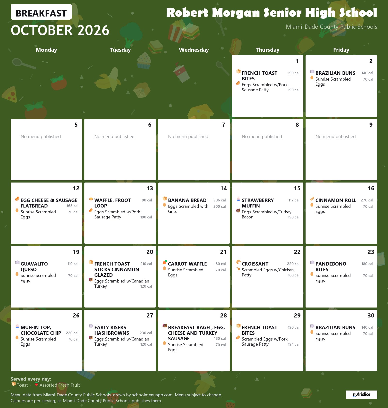 Robert Morgan Senior High School breakfast menu for October 2026 &mdash; Miami-Dade County Public Schools