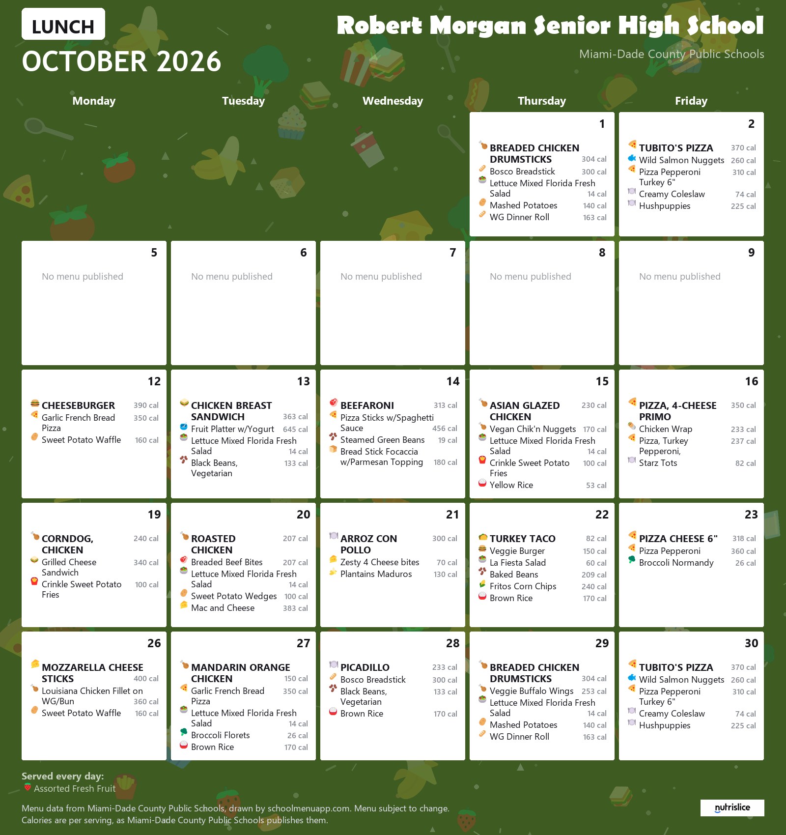 Robert Morgan Senior High School lunch menu for October 2026 &mdash; Miami-Dade County Public Schools