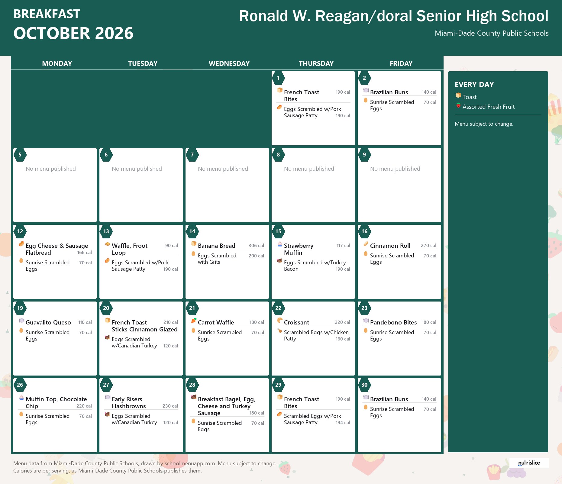Ronald W. Reagan/doral Senior High School breakfast menu for October 2026 &mdash; Miami-Dade County Public Schools