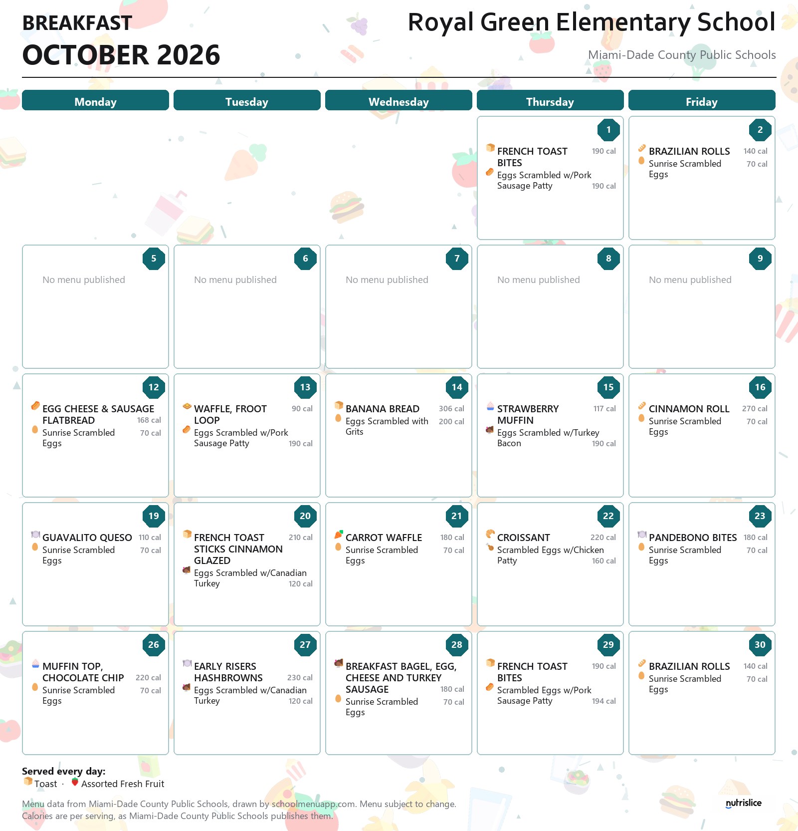 Royal Green Elementary School breakfast menu for October 2026 &mdash; Miami-Dade County Public Schools