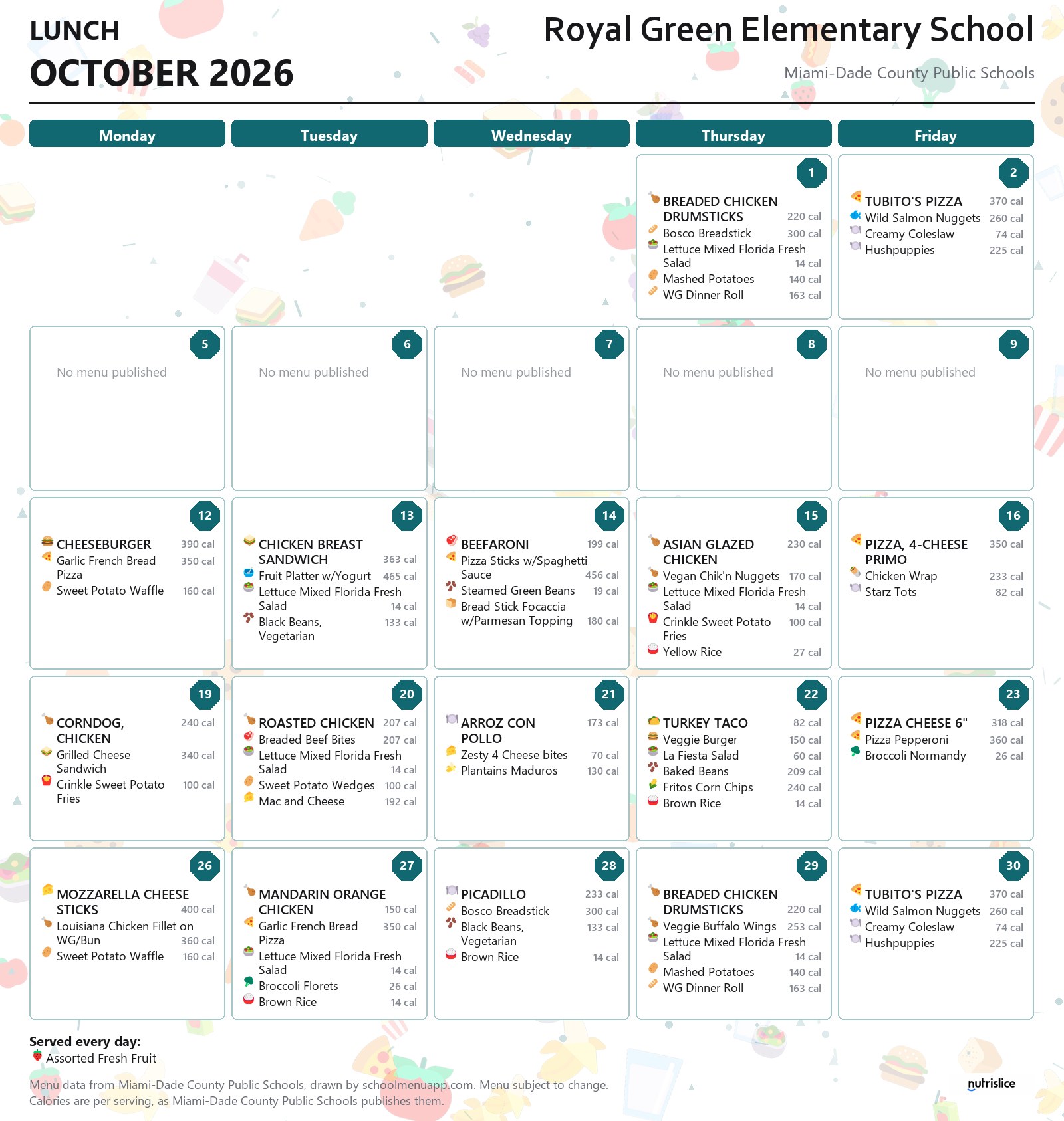 Royal Green Elementary School lunch menu for October 2026 &mdash; Miami-Dade County Public Schools