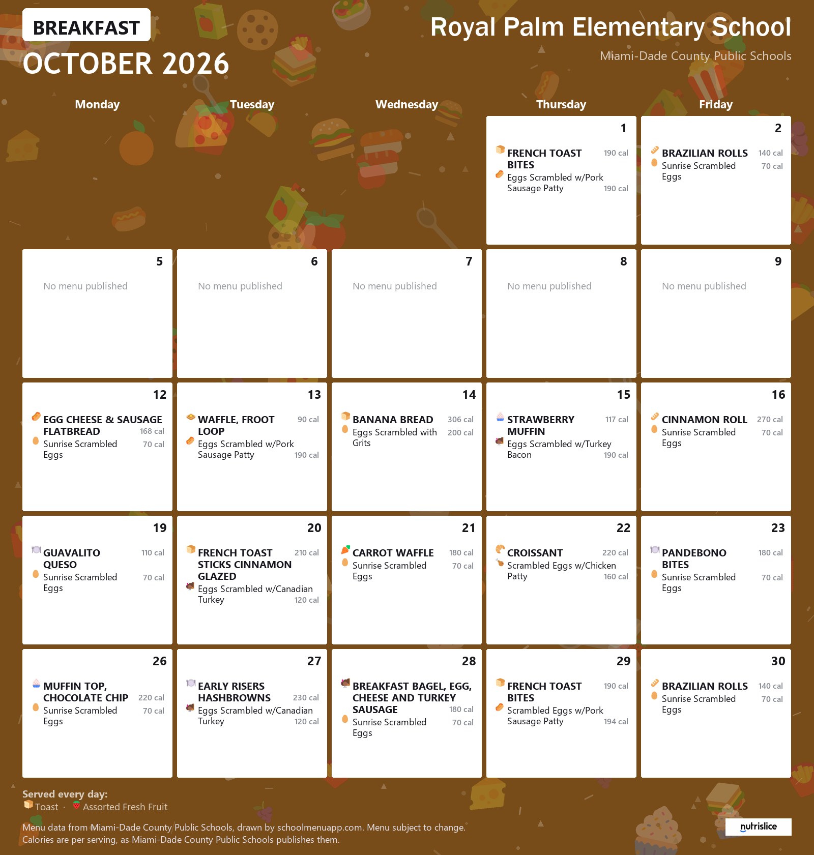 Royal Palm Elementary School breakfast menu for October 2026 &mdash; Miami-Dade County Public Schools